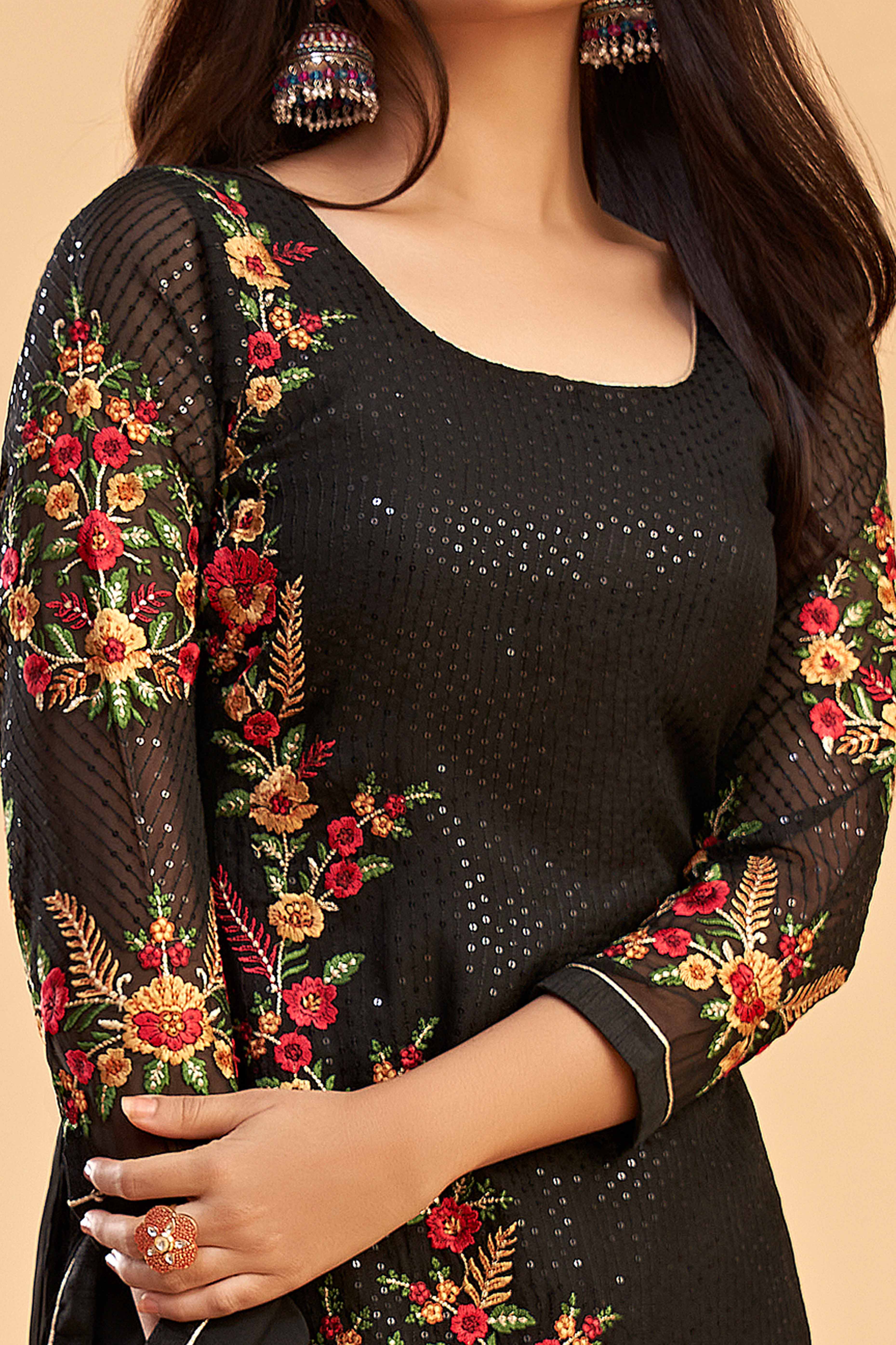 Black Floral Sequins Embroidered Georgette Semi Stitched Suit