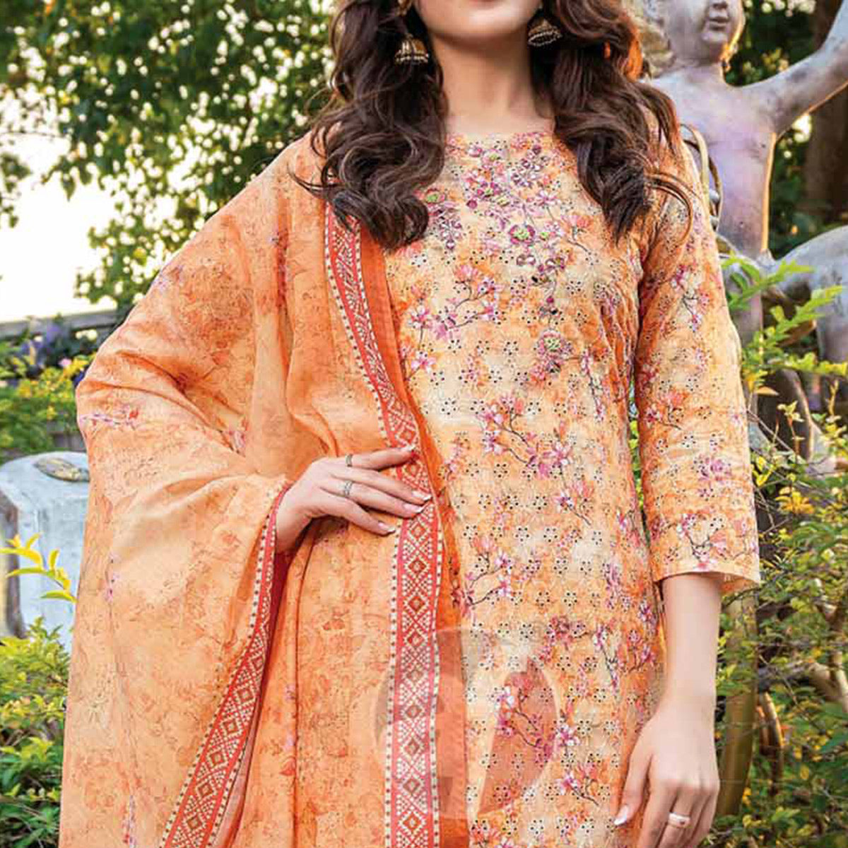 Orange Floral Chikankari Work Pure Cotton Suit