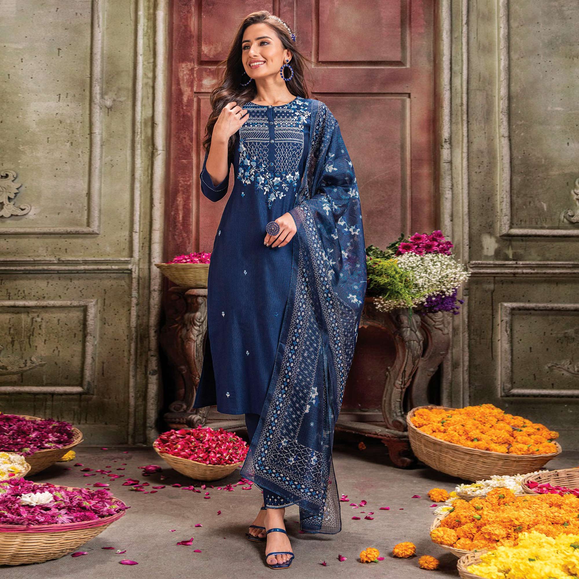 Navy Blue Handwork Embroidered Viscose Salwar Suit
