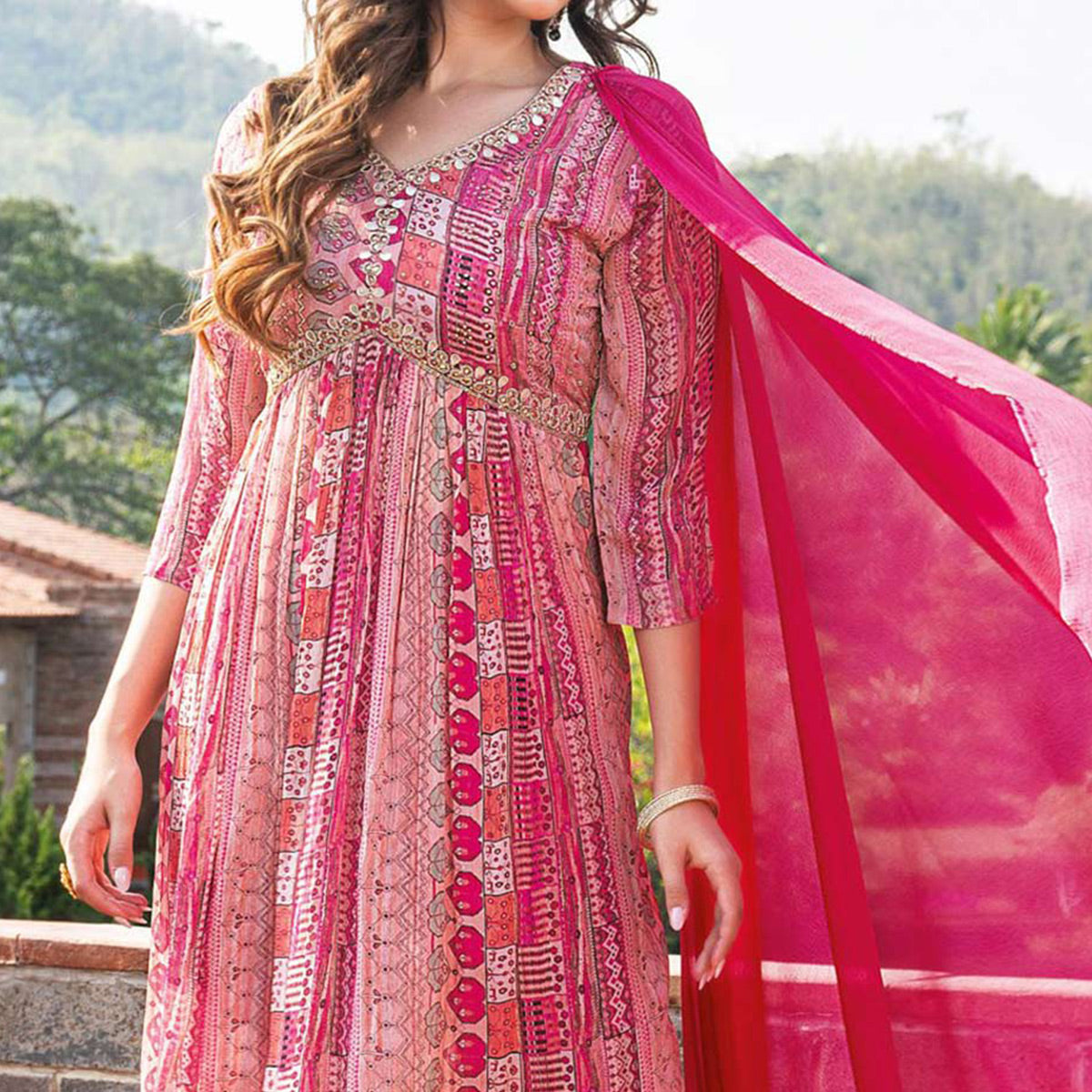 Gajari Pink Printed Chiffon Alia Cut Suit