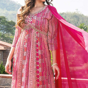 Gajari Pink Printed Chiffon Alia Cut Suit