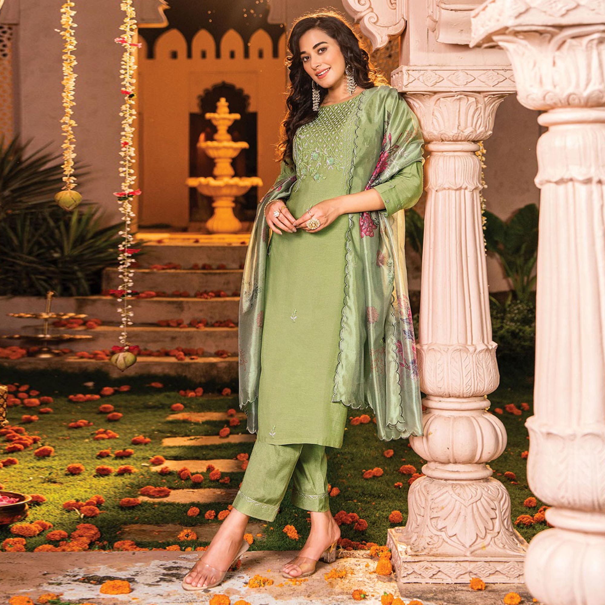 Green Handwork Embroidered Viscose Salwar Suit