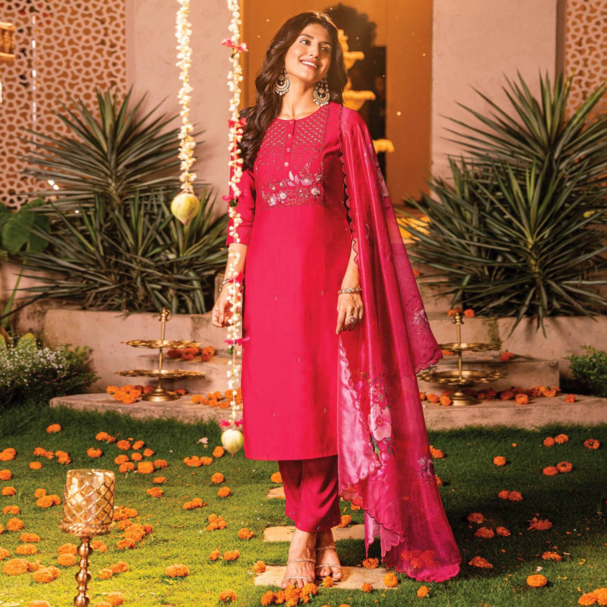 Pink Handwork Embroidered Viscose Salwar Suit