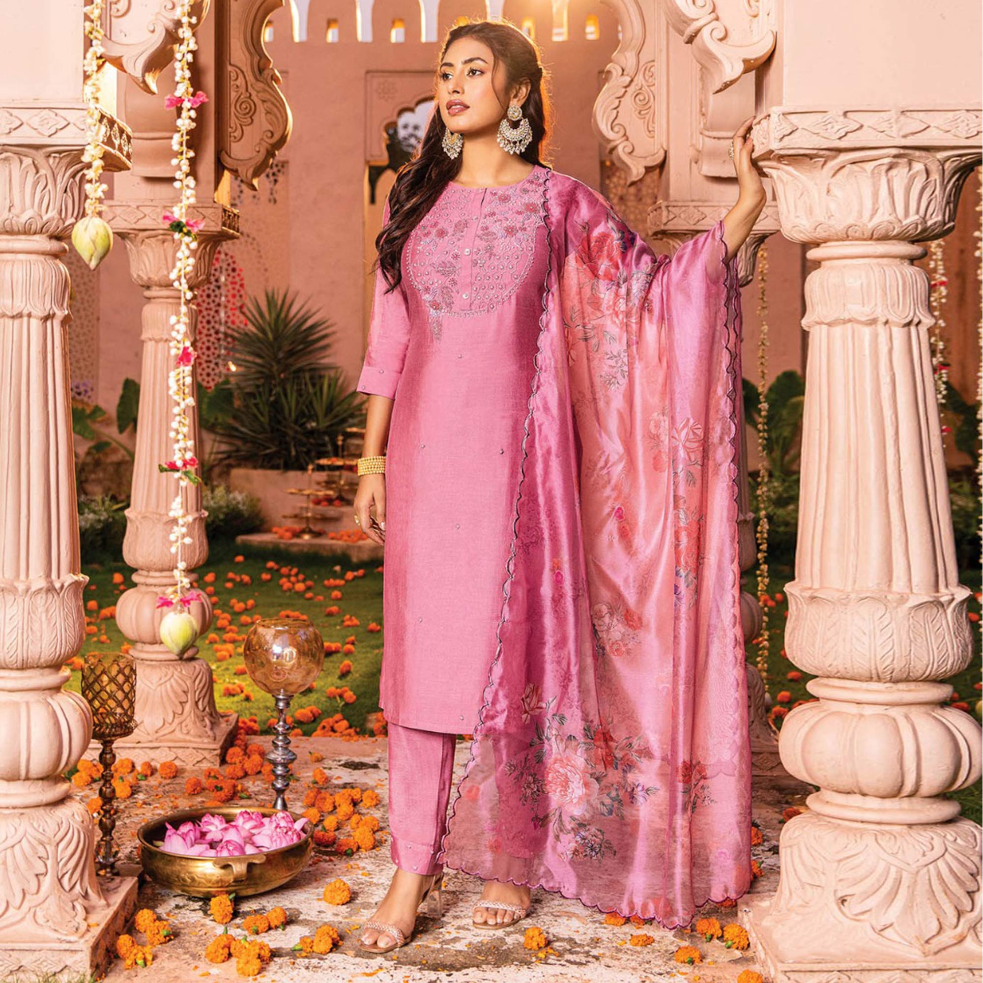 Pink Handwork Embroidered Viscose Salwar Suit