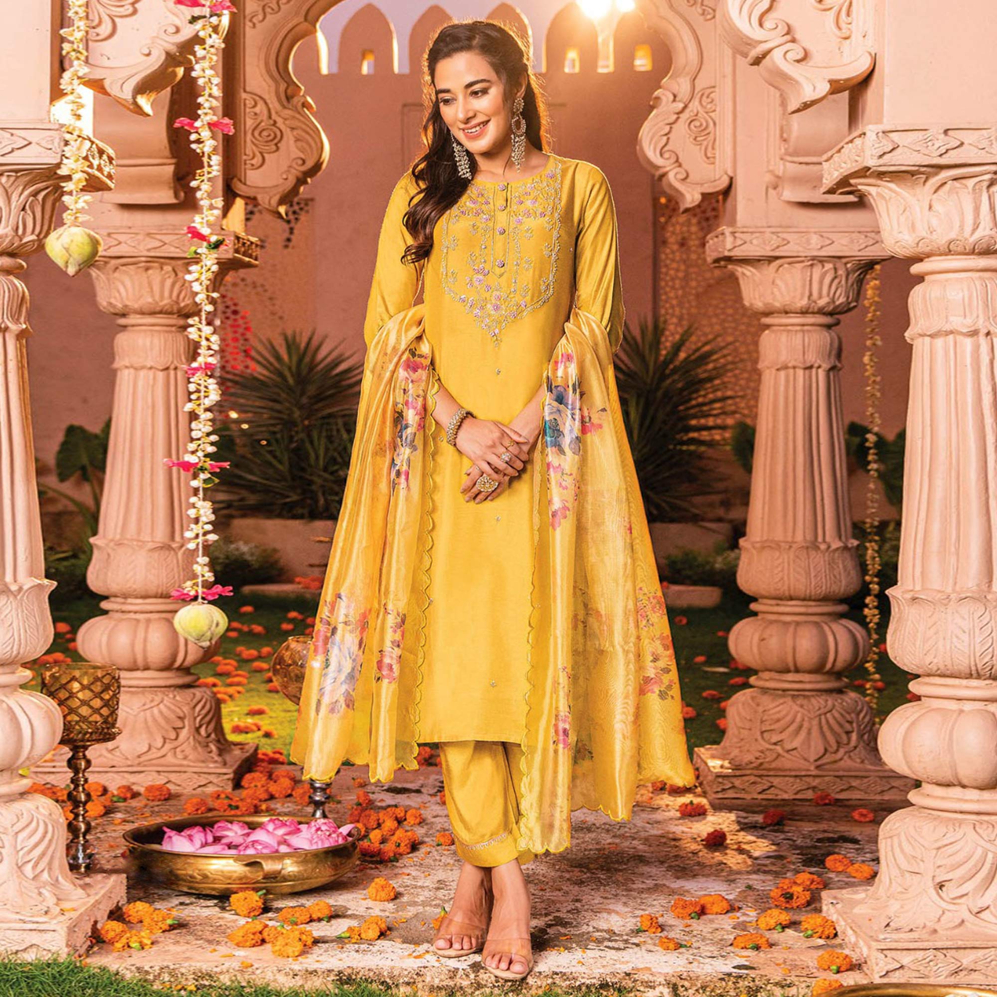 Yellow Handwork Embroidered Viscose Salwar Suit