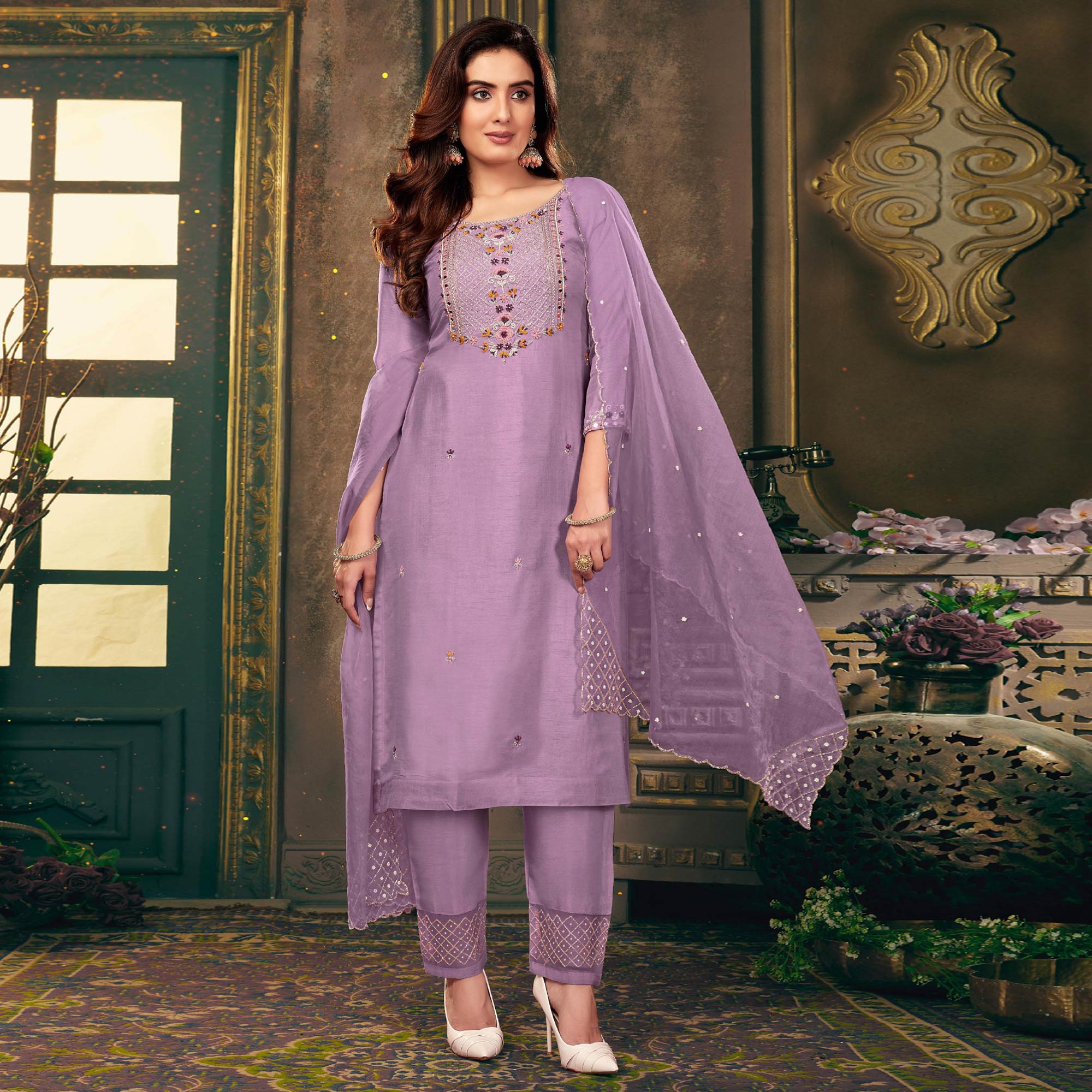 Purple Floral Embroidered Dola Silk Suit