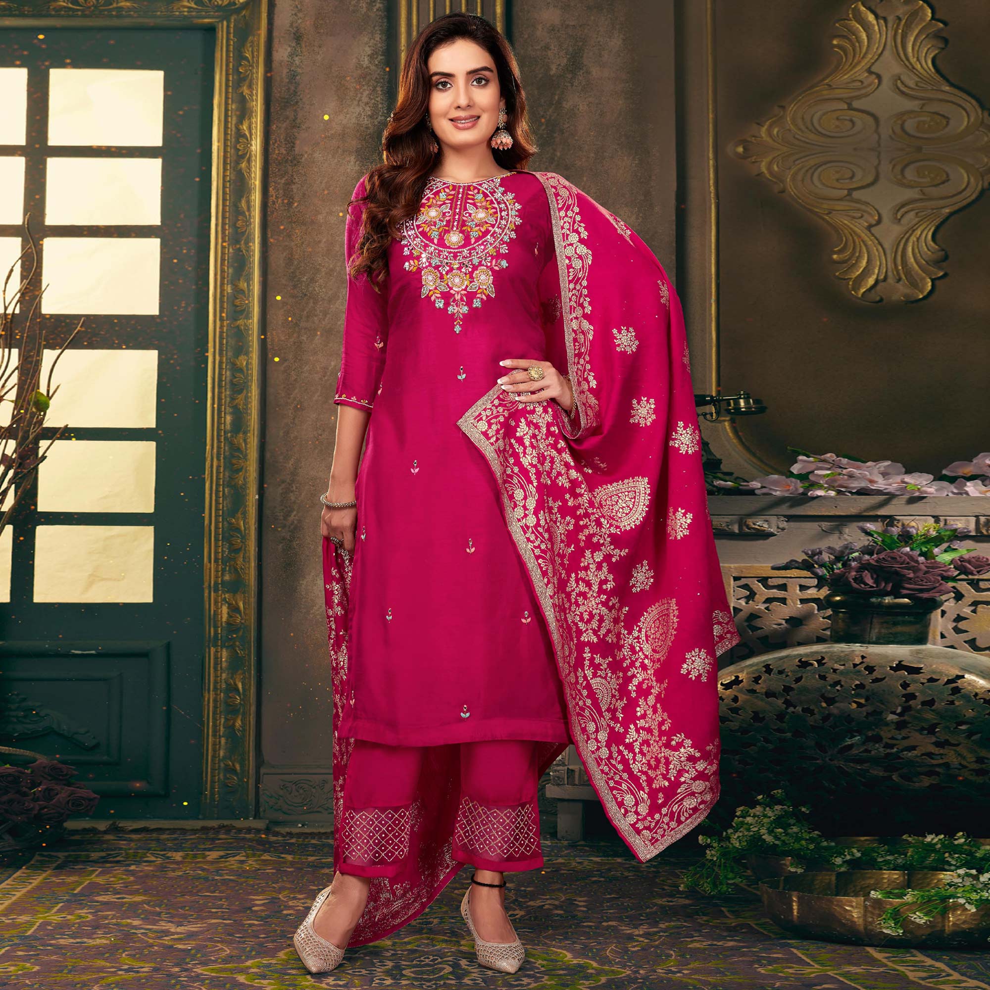 Pink Floral Embroidered Dola Silk Suit