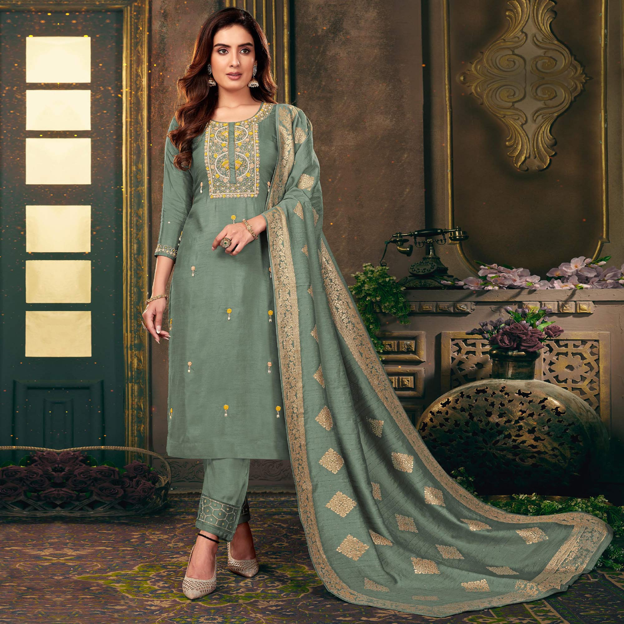 Green Floral Embroidered Dola Silk Suit