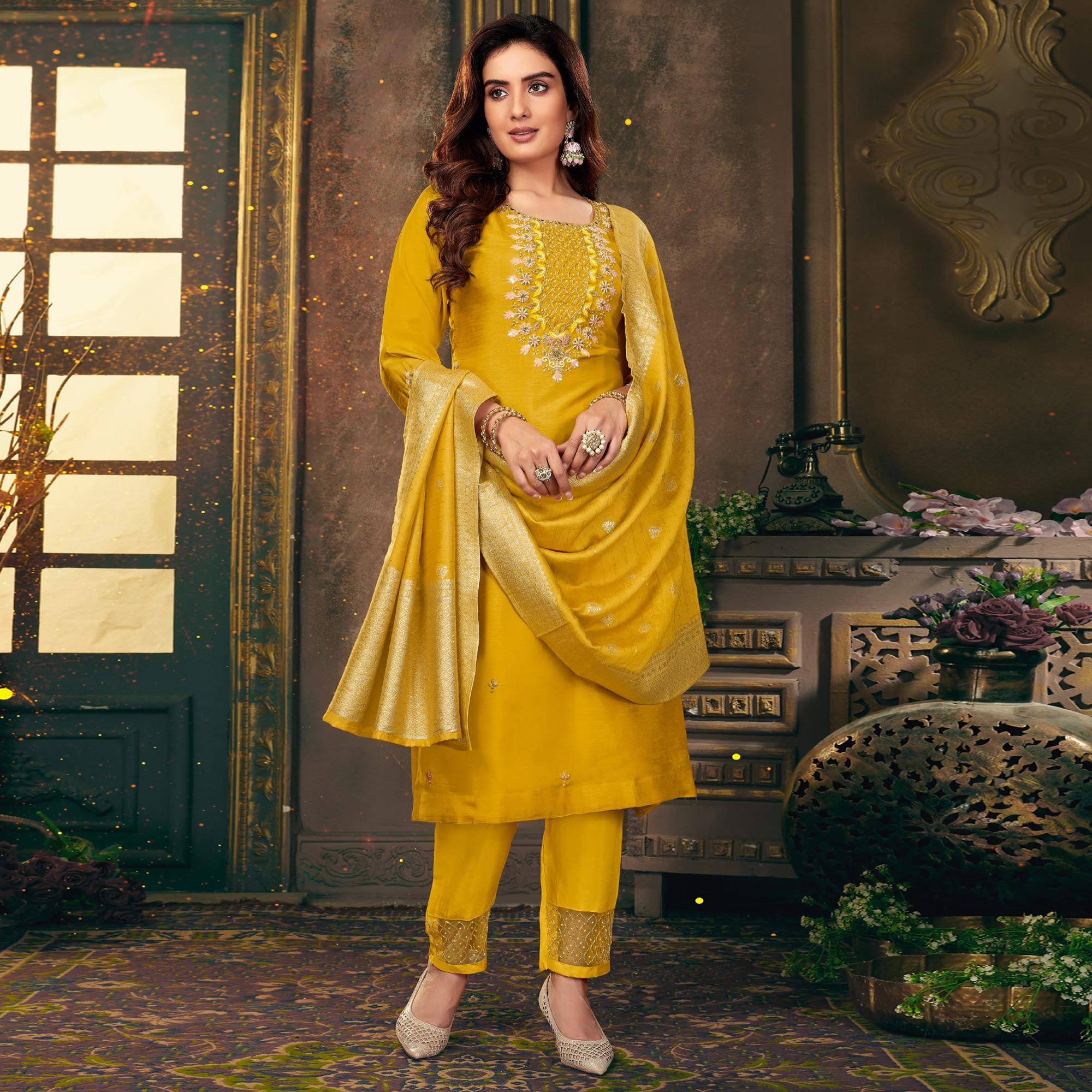 Yellow Floral Embroidered Dola Silk Suit