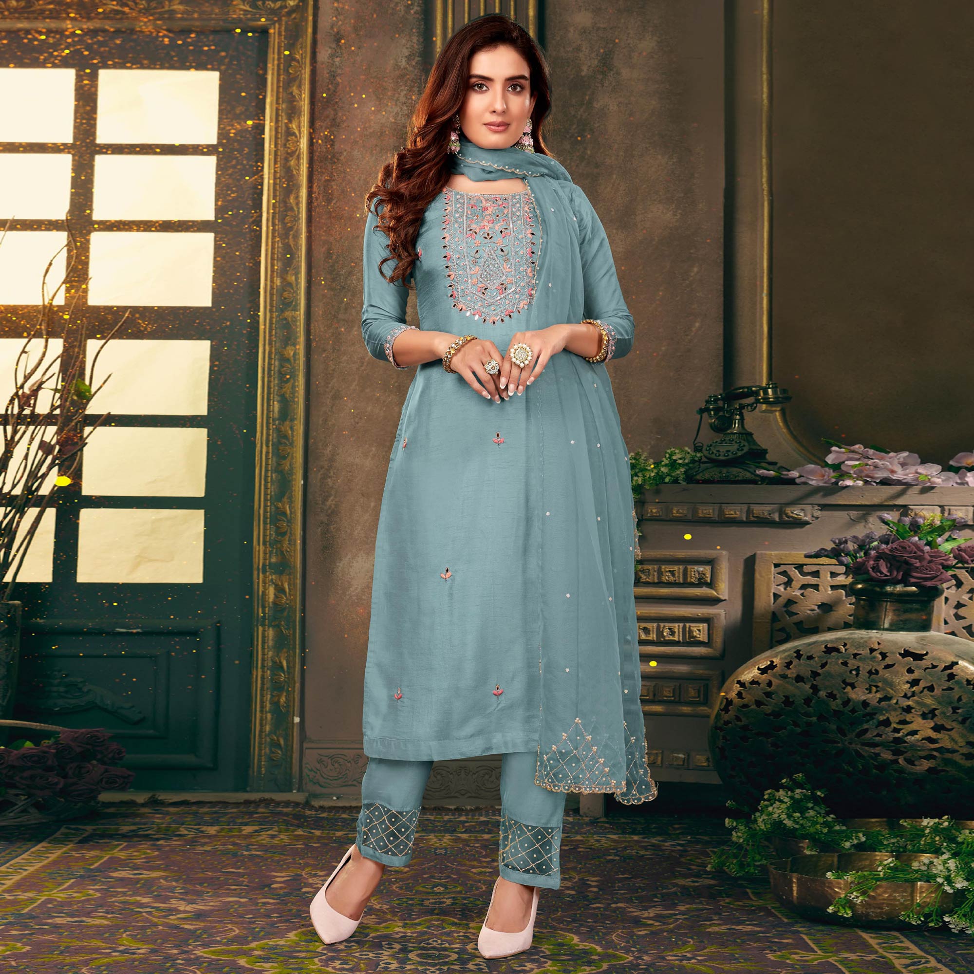 Blue Floral Embroidered Dola Silk Suit