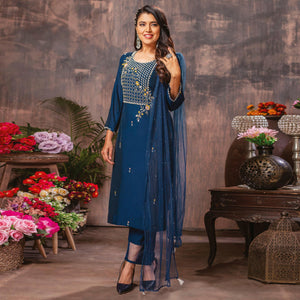 Blue Floral Embroidered Chanderi Suit