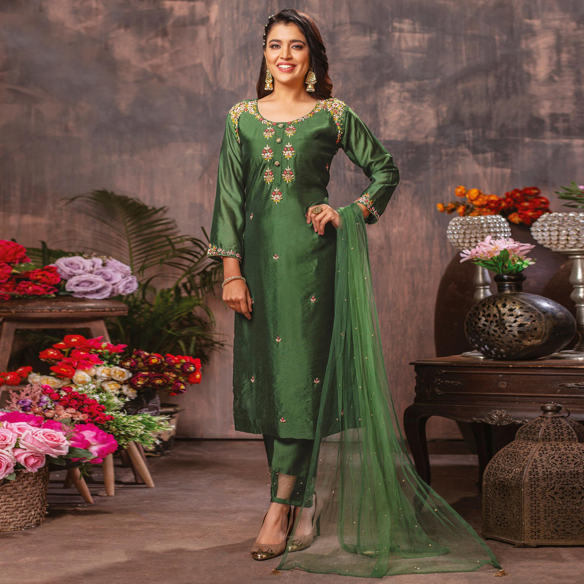 Green Floral Embroidered Chanderi Suit