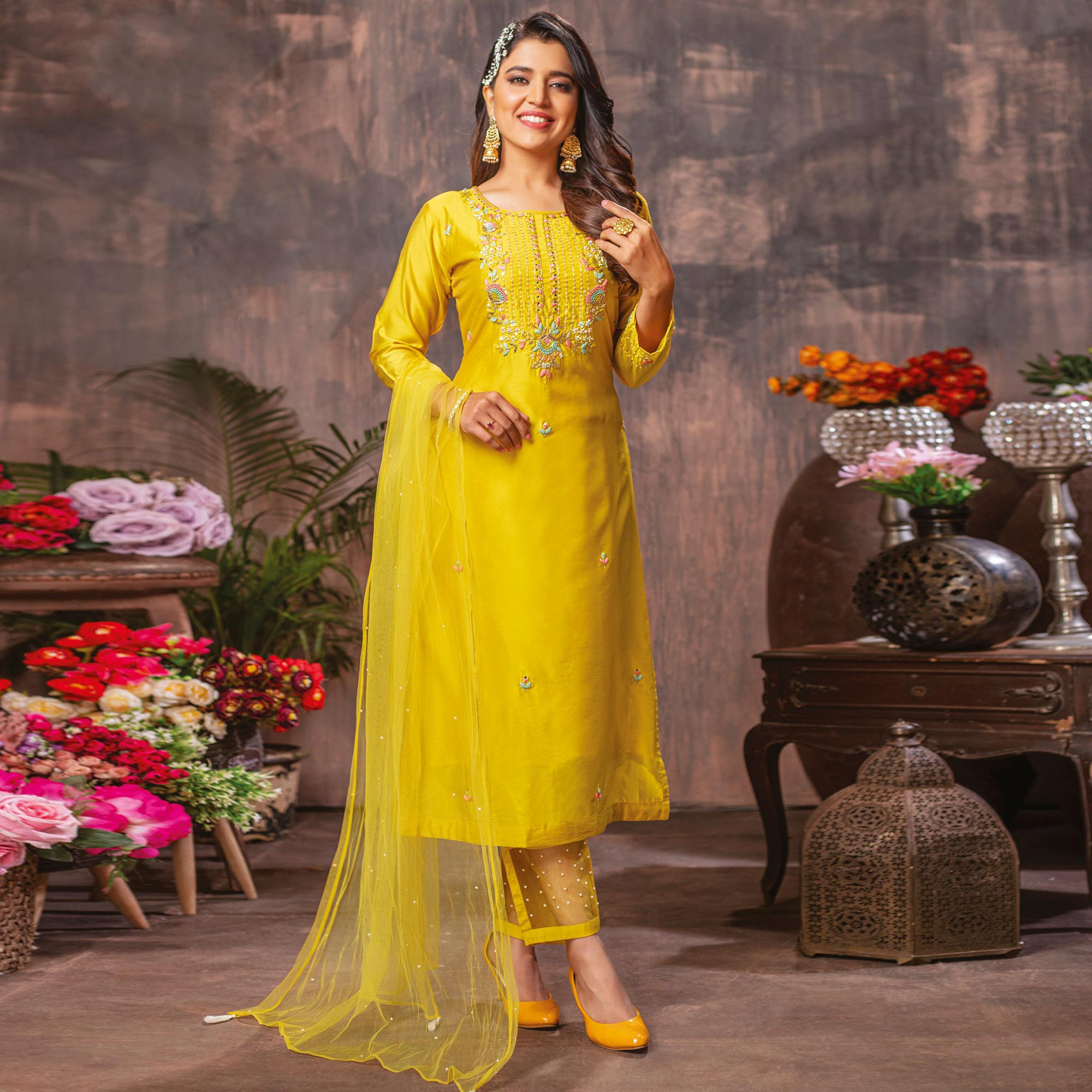 Yellow Floral Embroidered Chanderi Suit