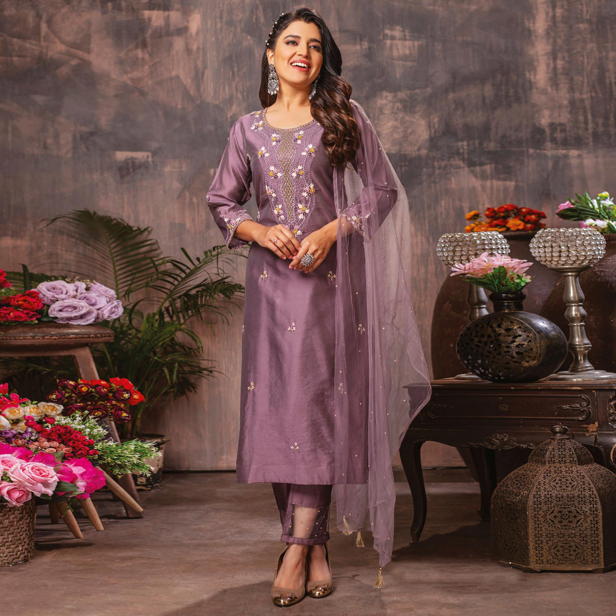 Purple Floral Embroidered Chanderi Suit