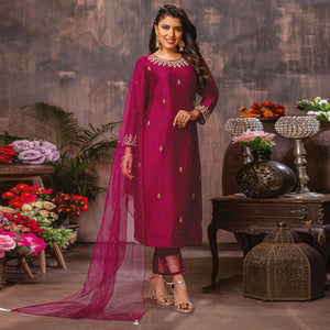 Pink Floral Embroidered Chanderi Suit