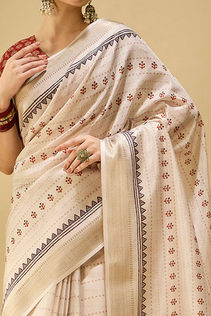 Charming Cream Floral Print Katki Cotton Silk Saree Featuring Stylish Tassel Pallu