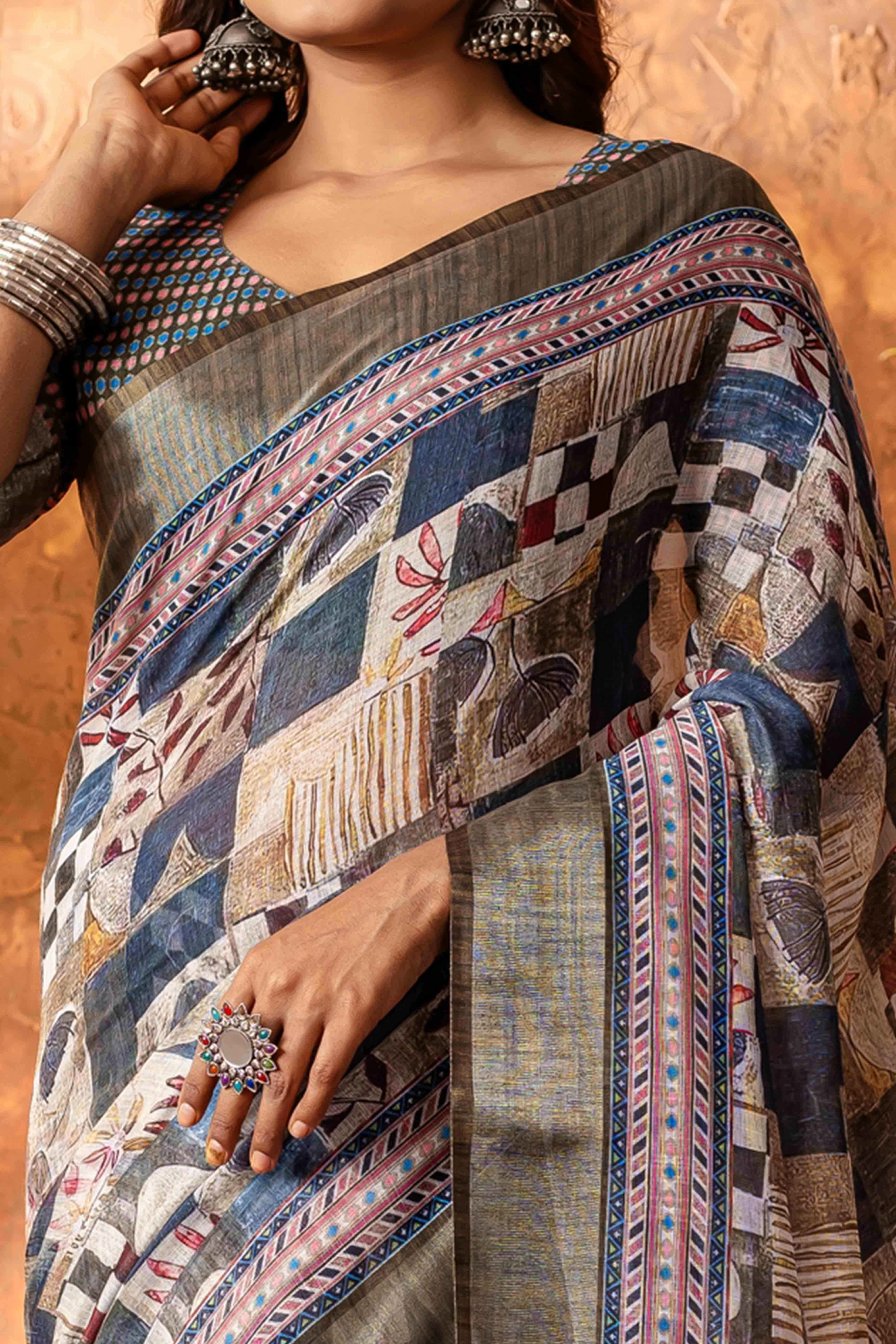 Blue and cream Abstract Printed Pure Linen Saree With Zari Border