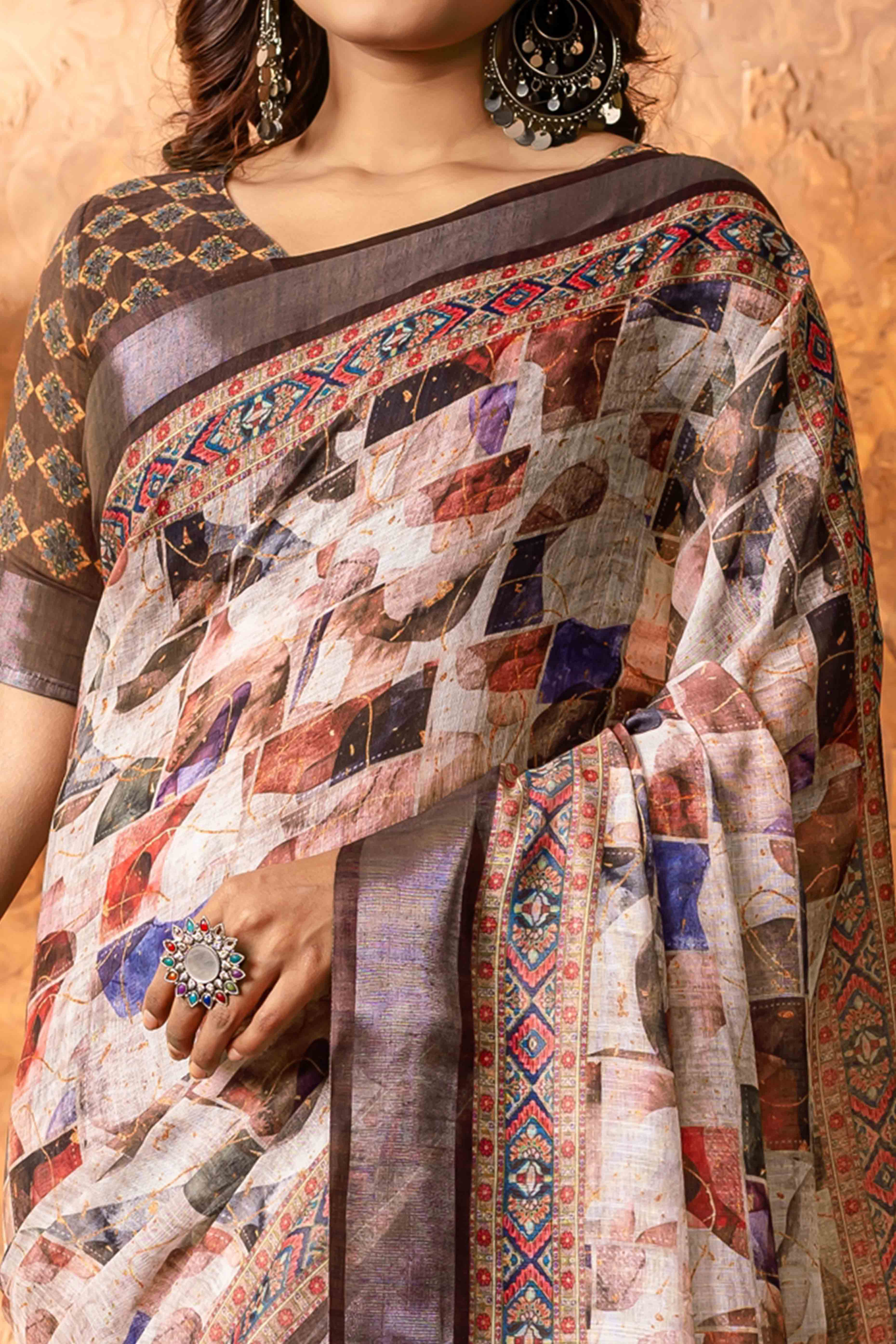 Multicolour Abstract Printed Pure Linen Saree With Zari Border