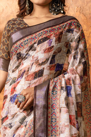 Multicolour Abstract Printed Pure Linen Saree With Zari Border
