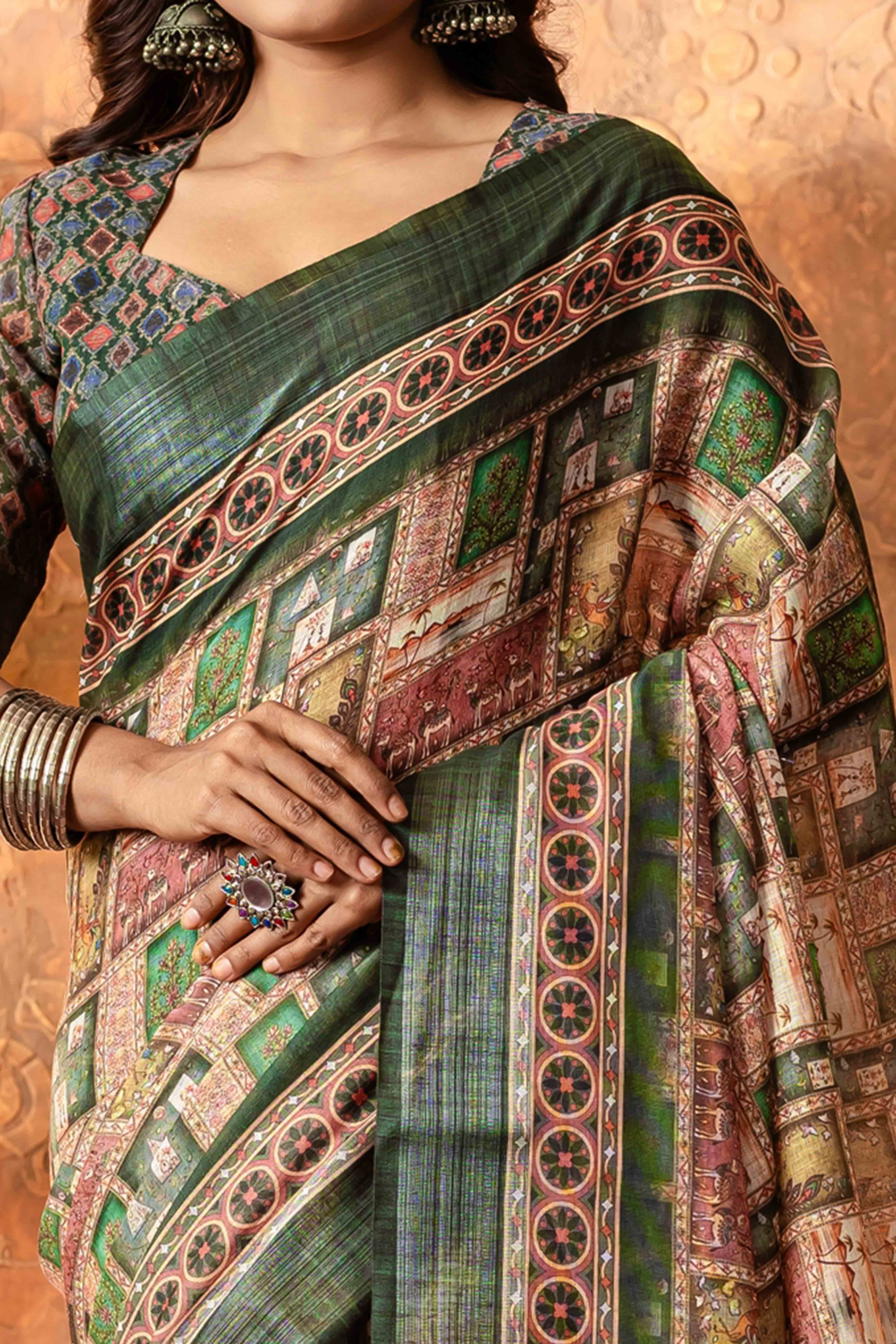 Green Abstract Printed Pure Linen Saree With Zari Border