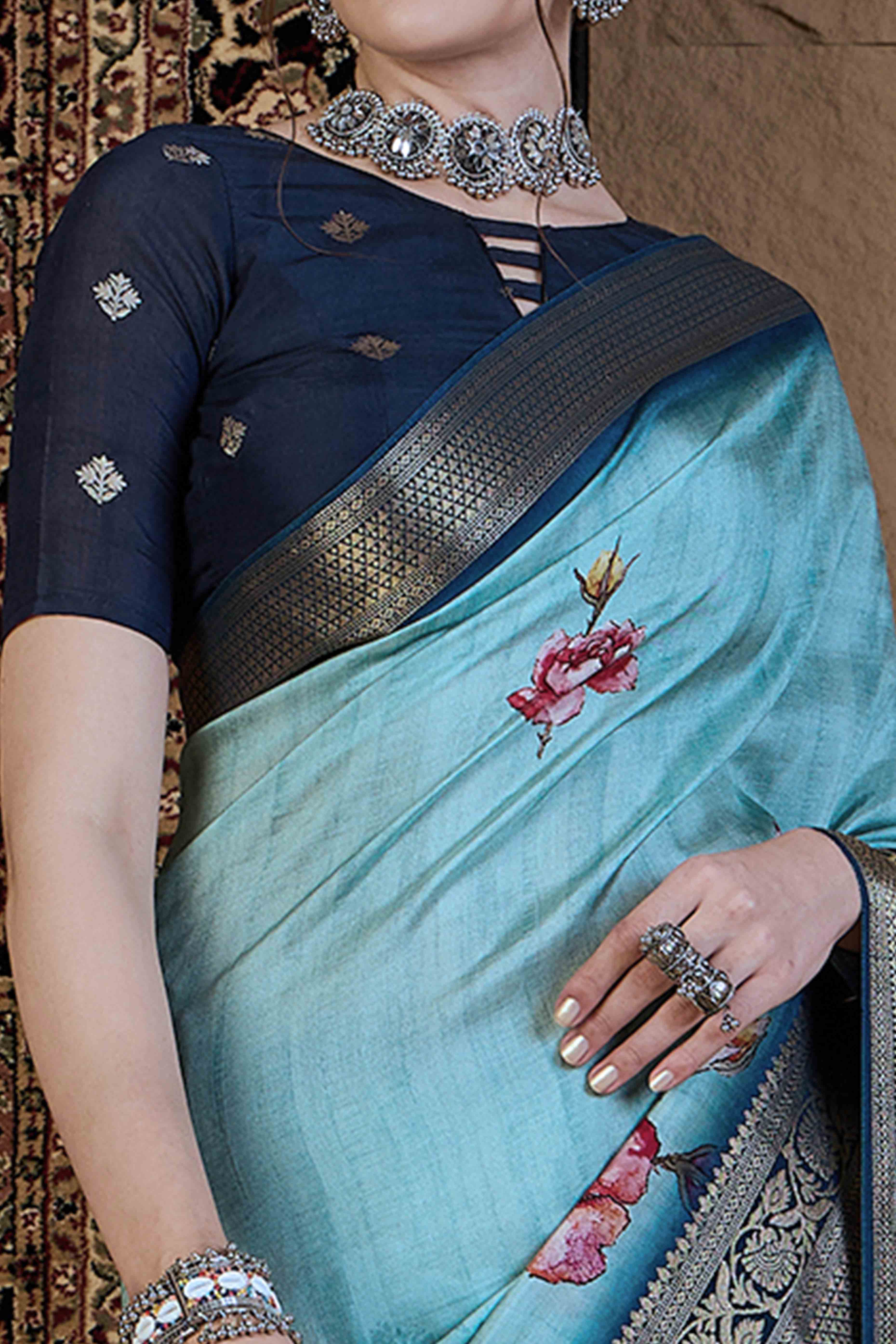 Blue Floral Printed Viscose Saree