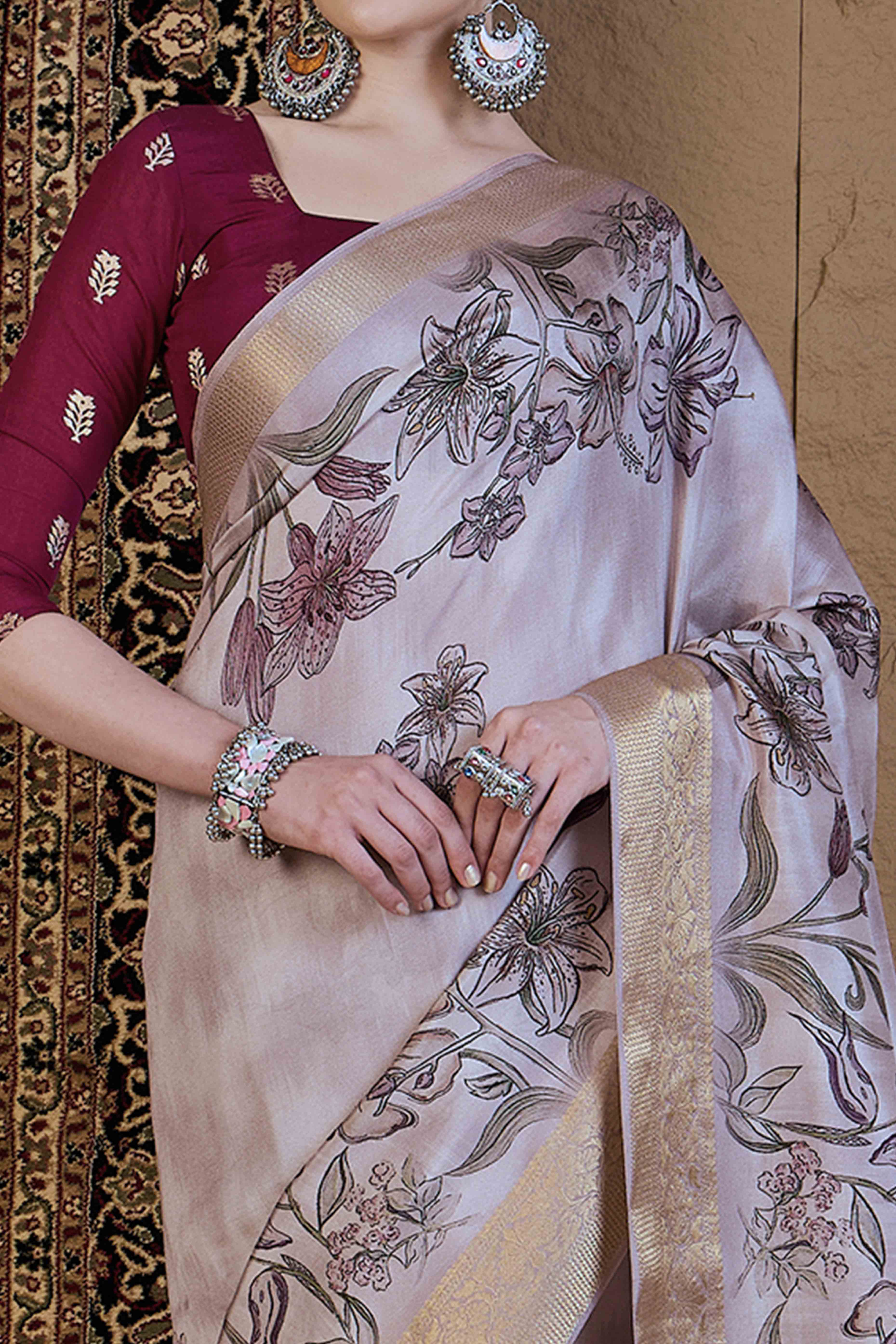 Mauve Floral Printed Viscose Saree