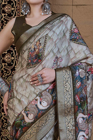 Light Green Floral Printed Viscose Saree