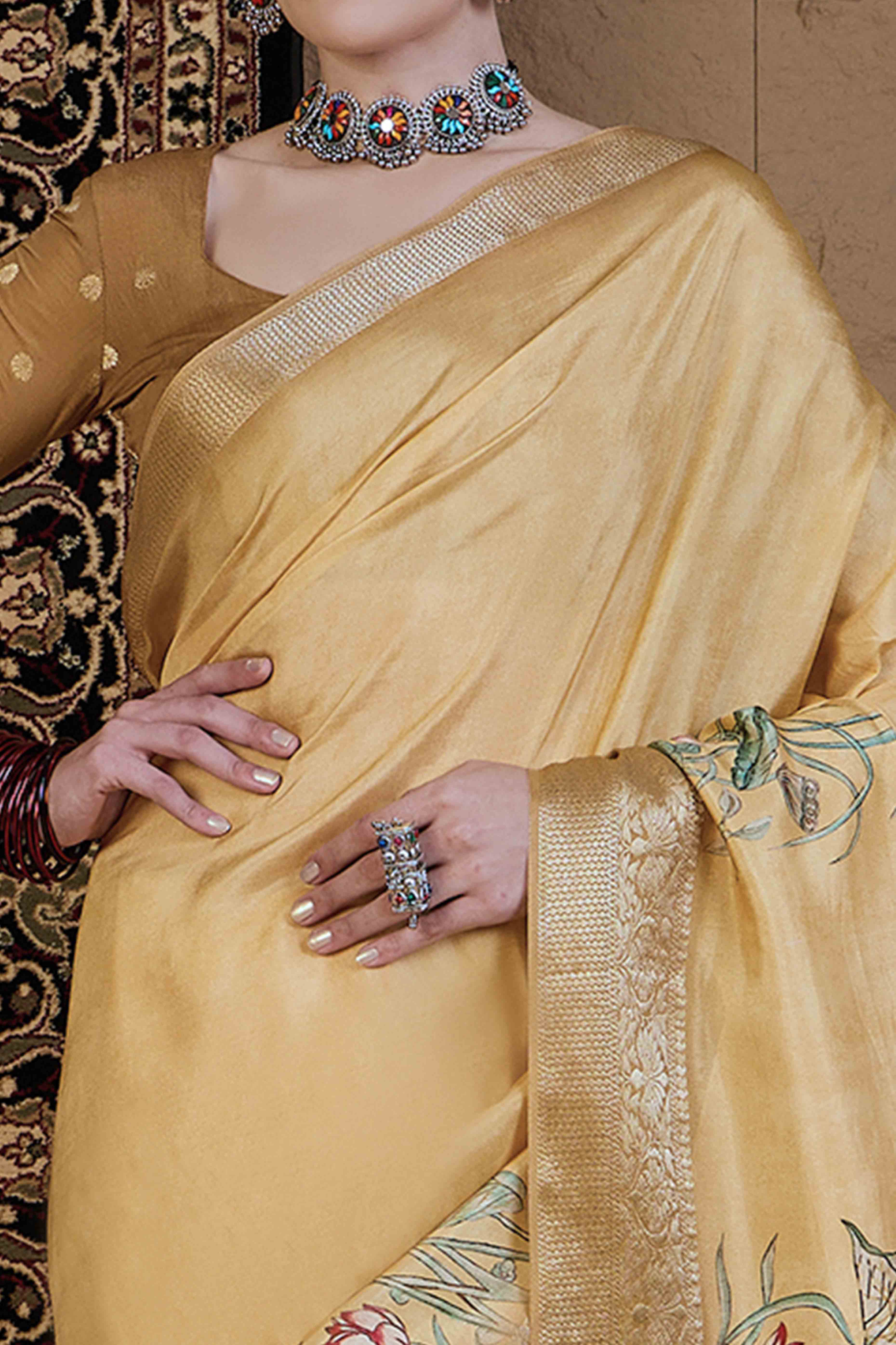 Yellow Floral Printed Viscose Saree