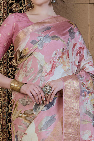 Pink Floral Printed Viscose Saree