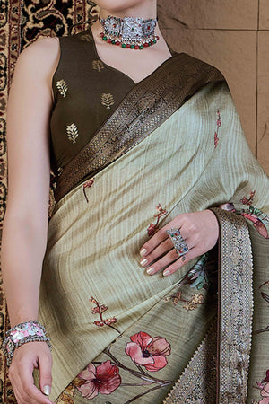 Light Green Floral Printed Viscose Saree