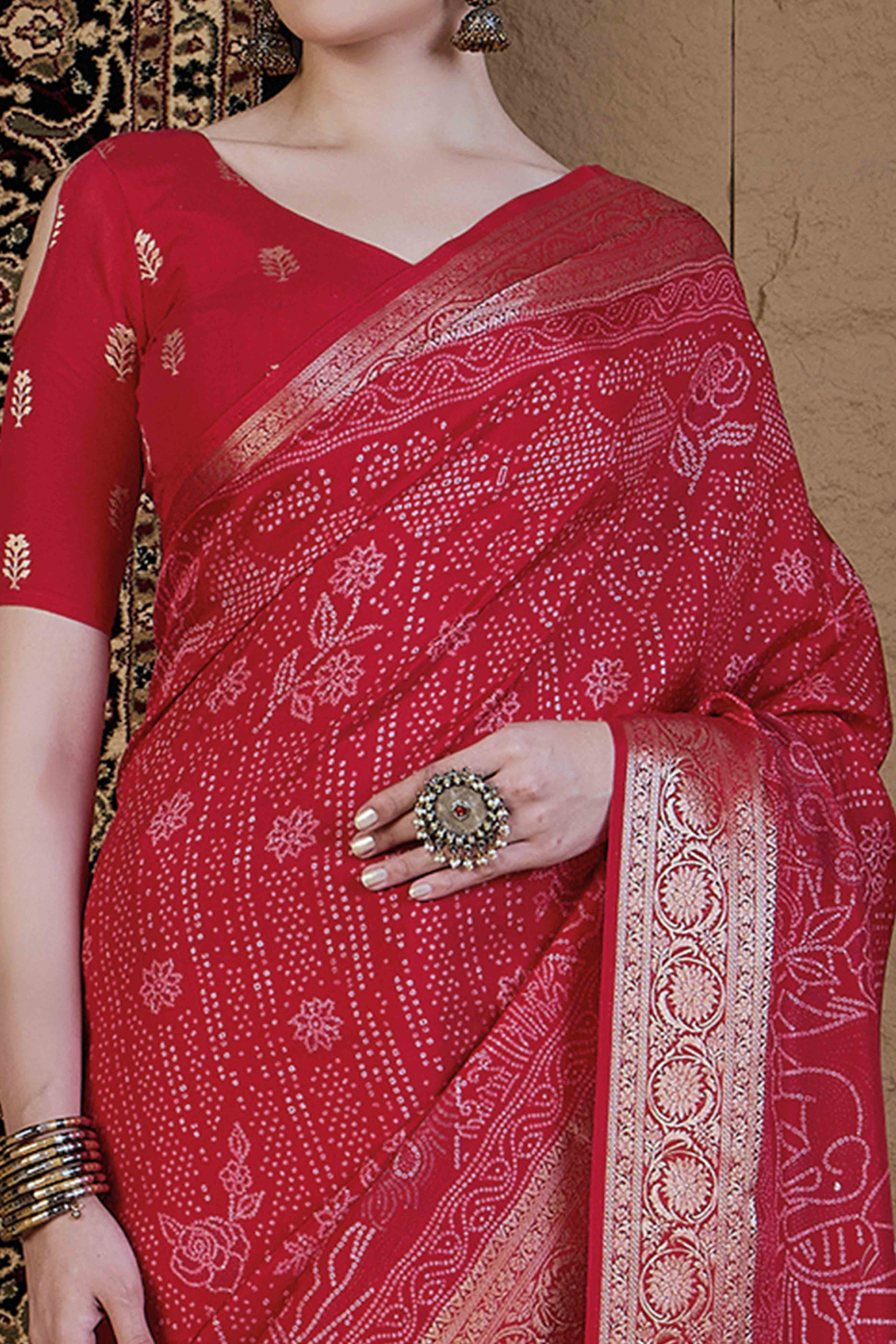 Red Bandhani Printed Viscose Saree
