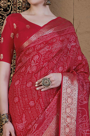 Red Bandhani Printed Viscose Saree