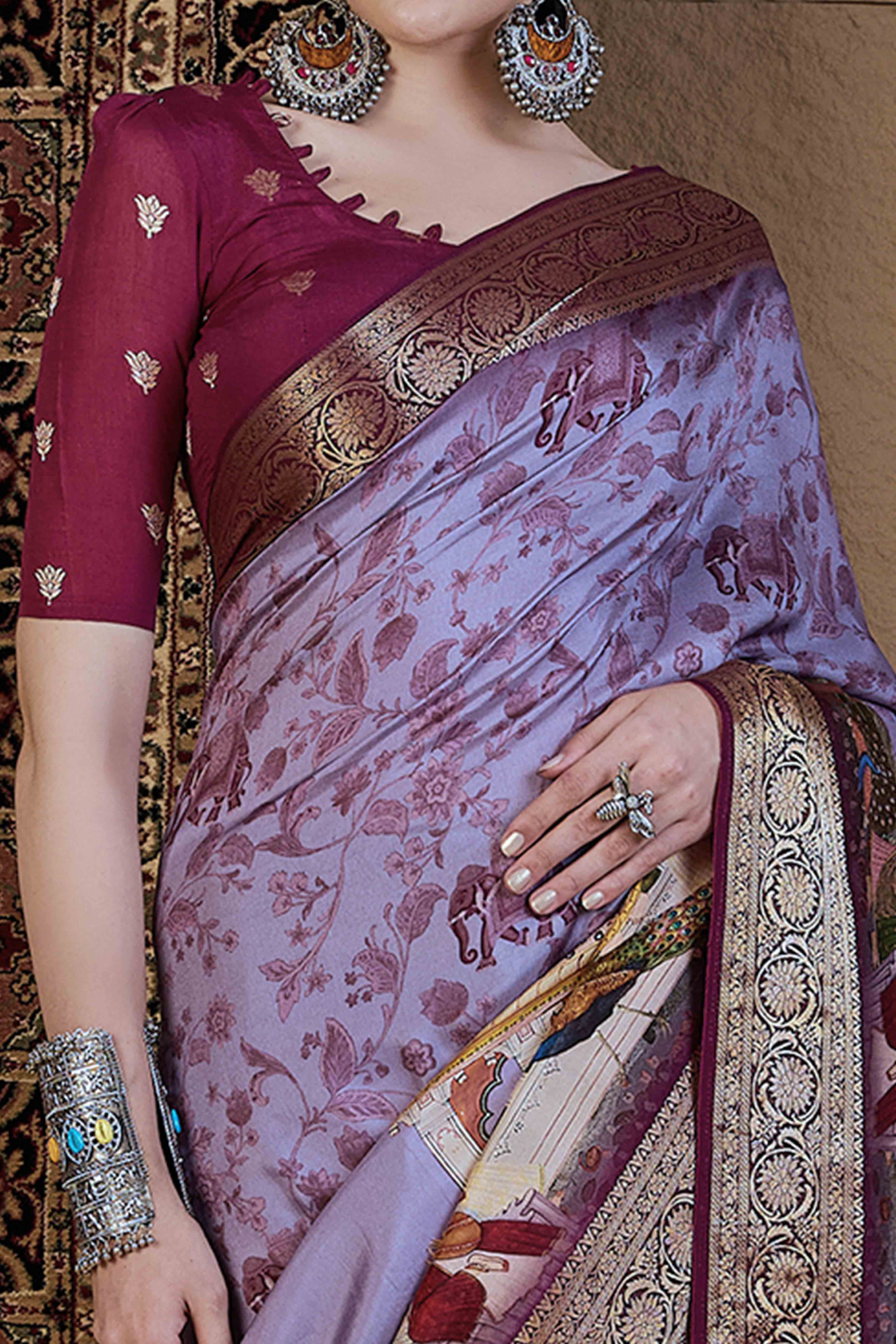 Lavender Floral Printed Viscose Saree