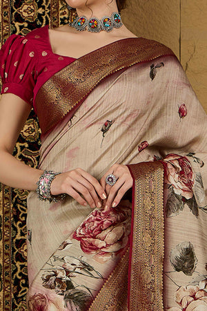 Beige Floral Printed Viscose Saree