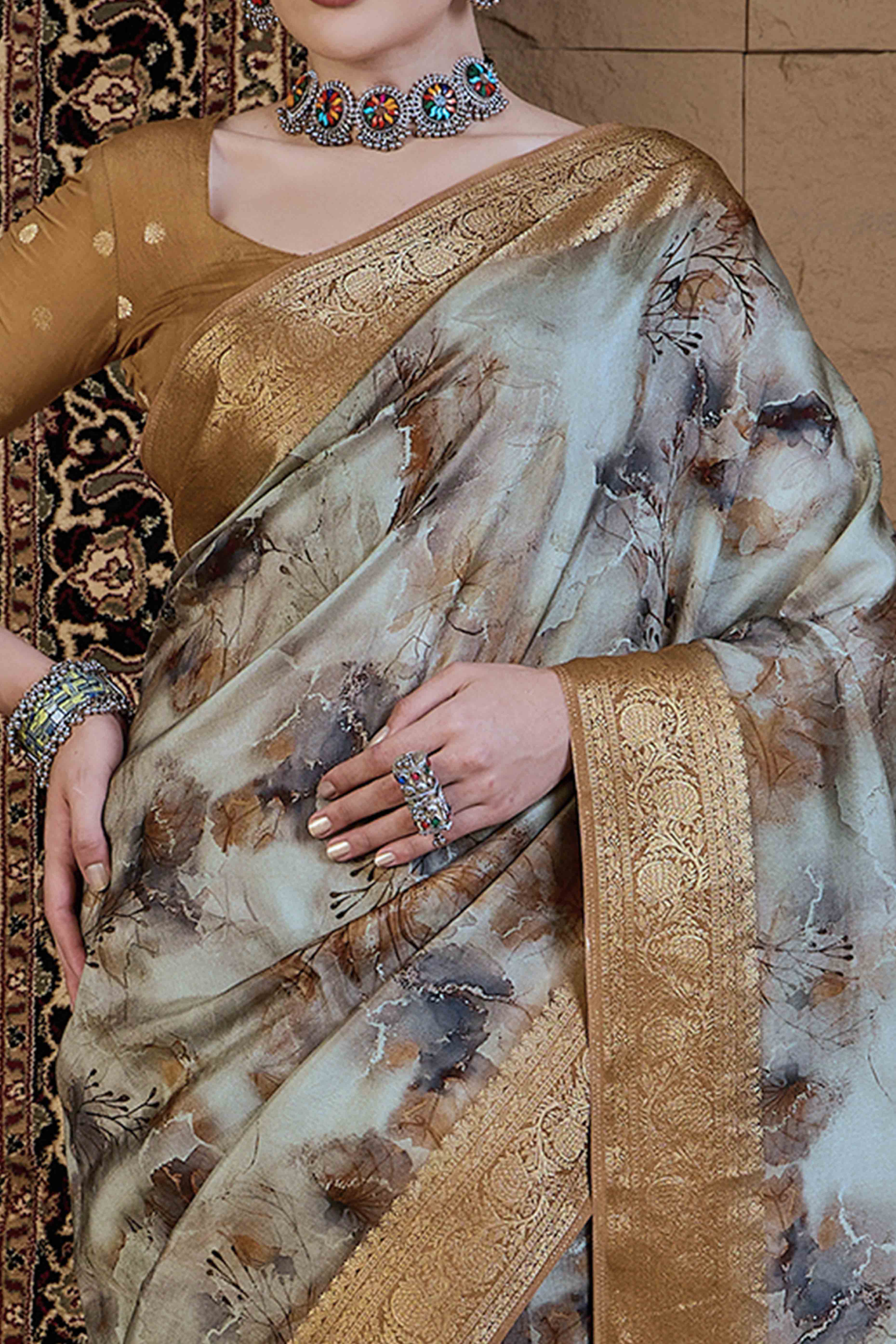 Sky Blue Floral Printed Viscose Saree