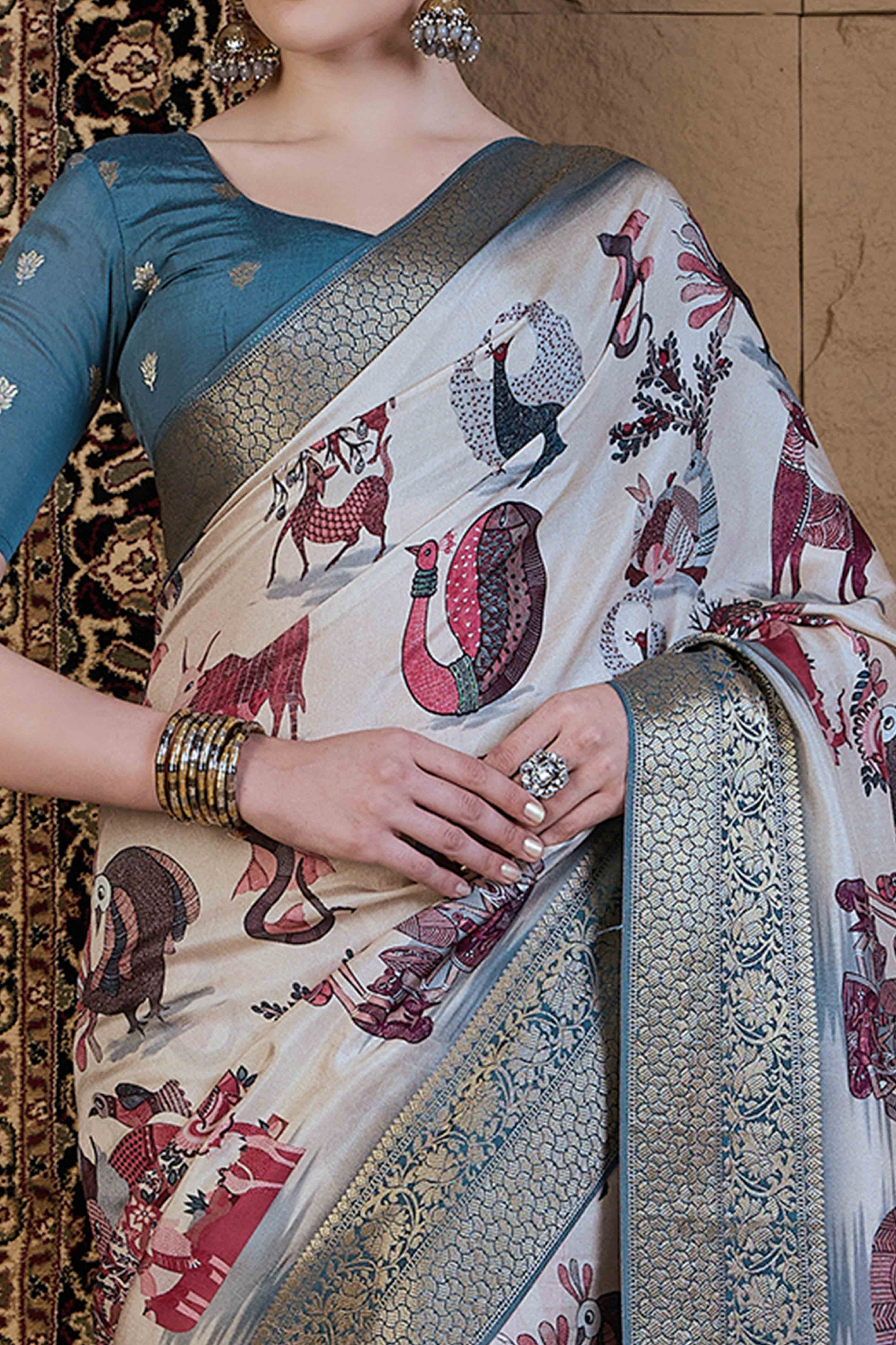 Off White Floral Printed Viscose Saree