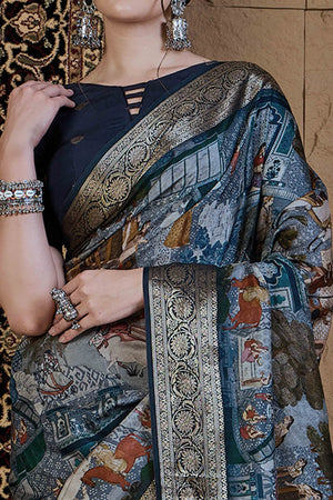 Blue Abstract Print Printed Viscose Saree