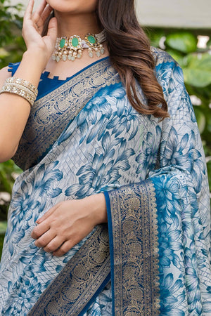 White & Teal Floral Printed Viscose Saree