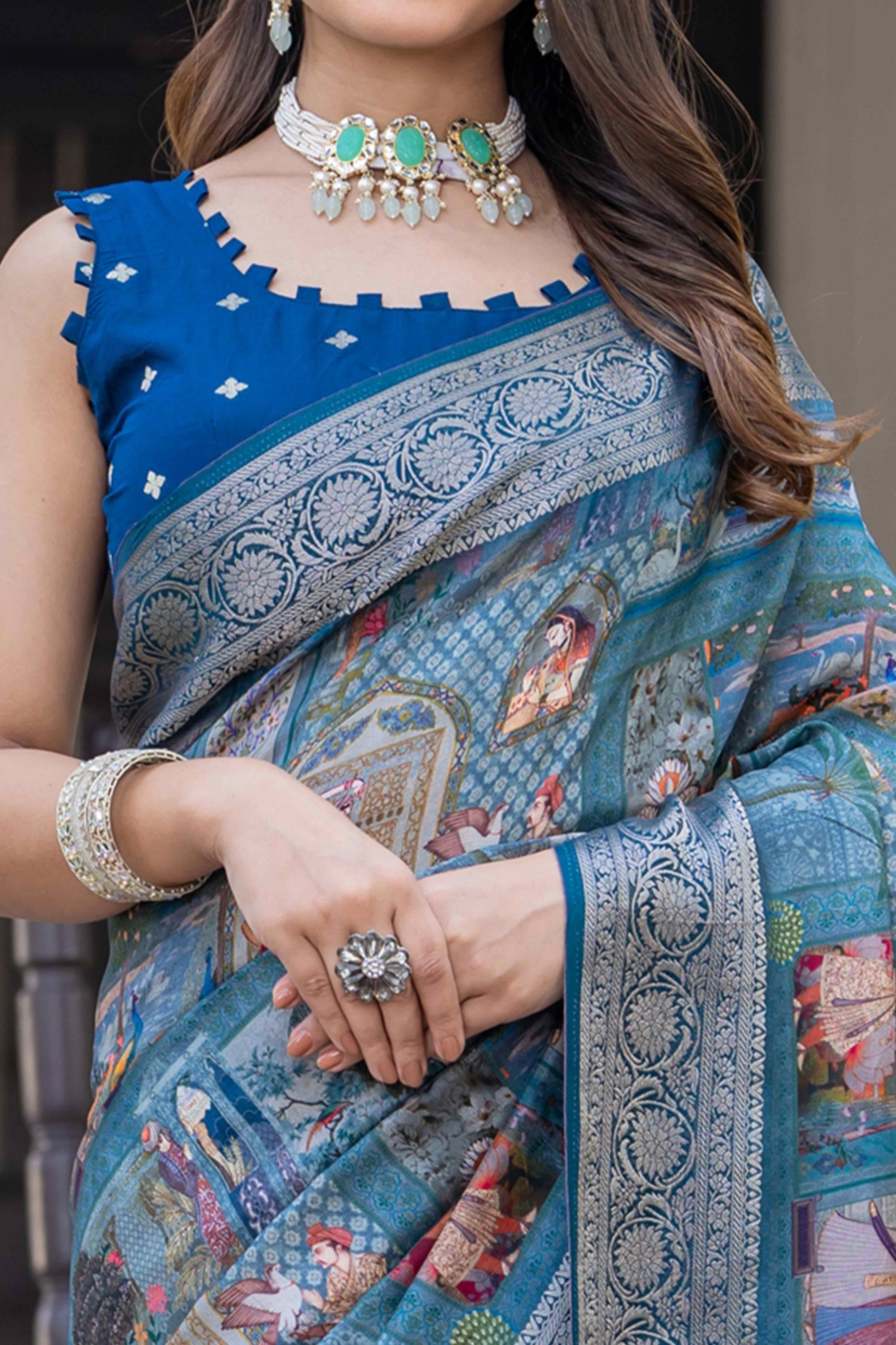 Teal Abstract Print Printed Viscose Saree