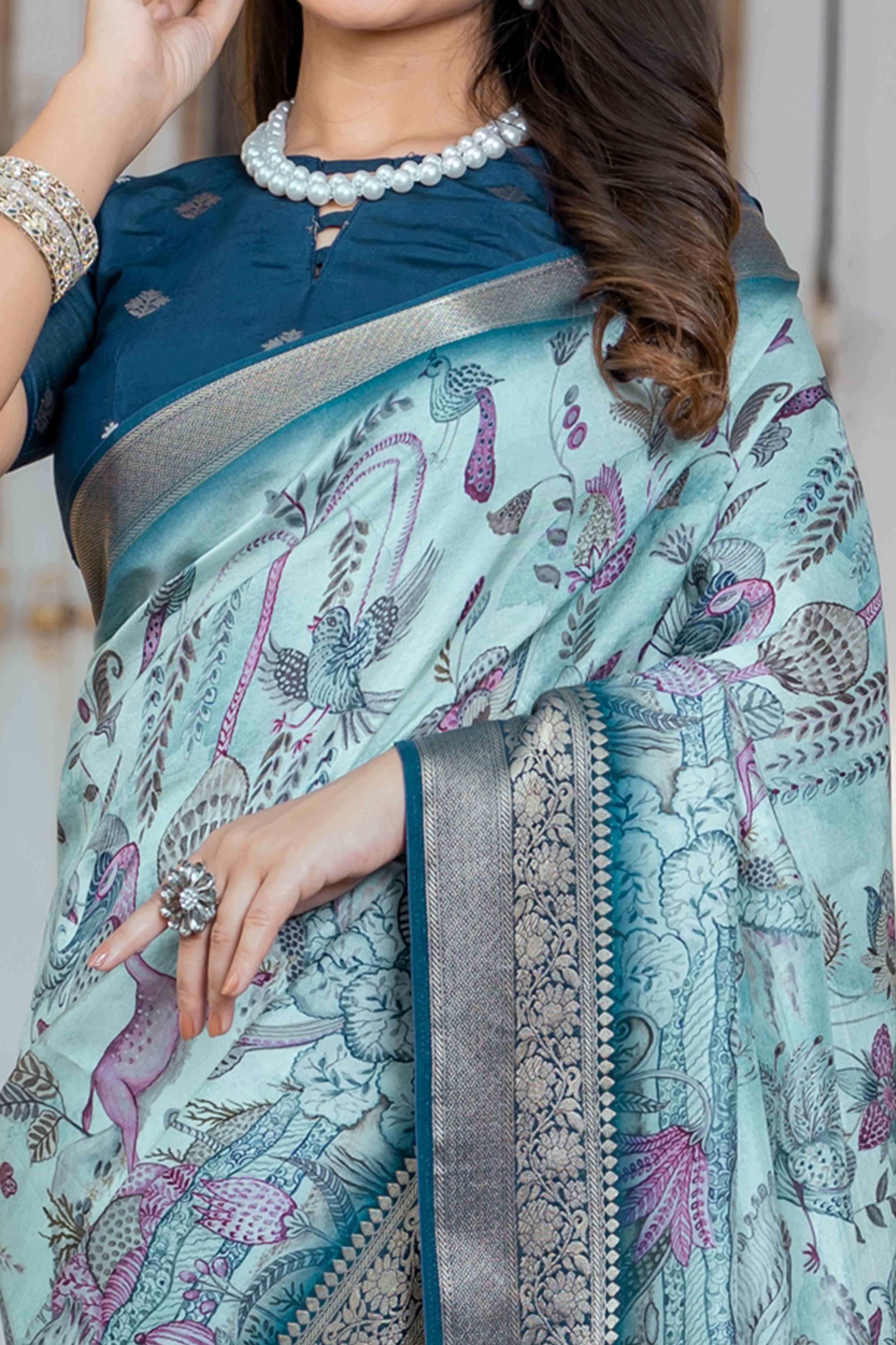 Sea Green Floral Printed Viscose Saree