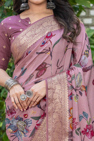 Mauve Floral Printed Viscose Saree