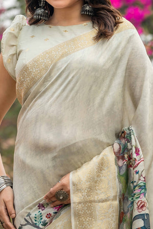 Light Green Floral Printed Viscose Saree