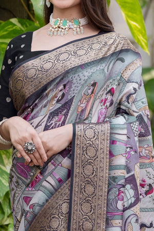 Grey Abstract Print Printed Viscose Saree
