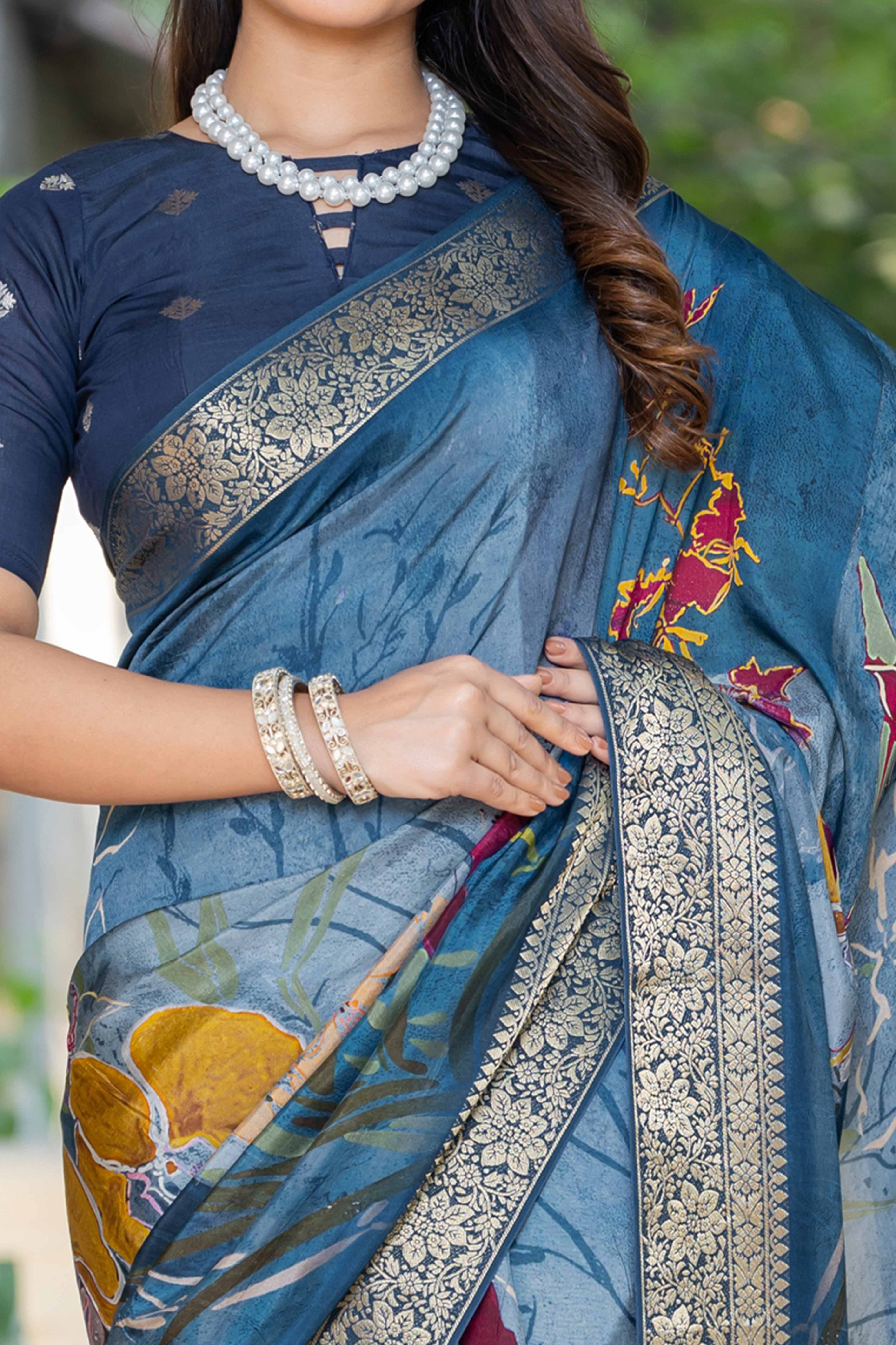 Teal Floral Printed Viscose Saree
