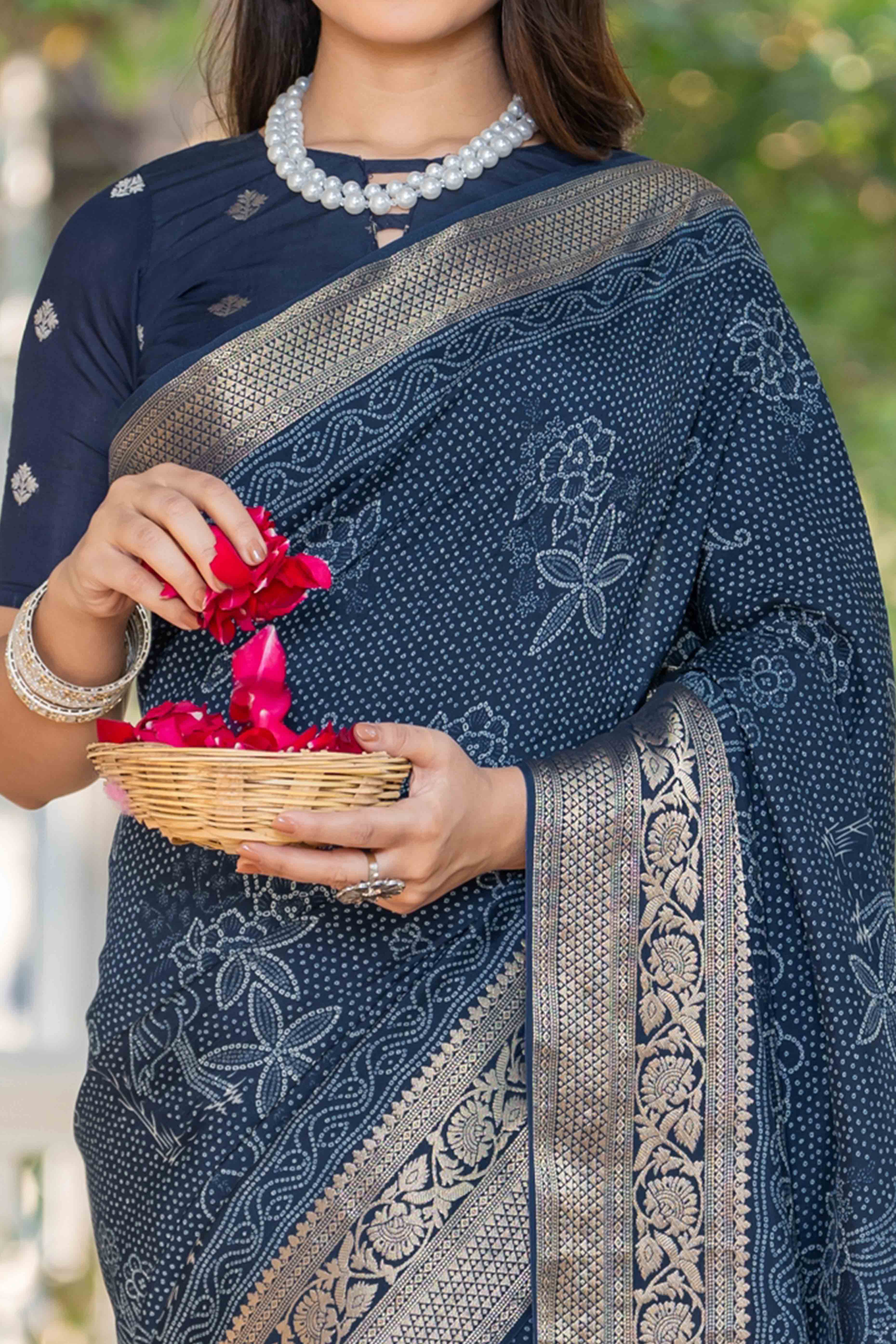 Navy Blue Bandhani Printed Viscose Saree