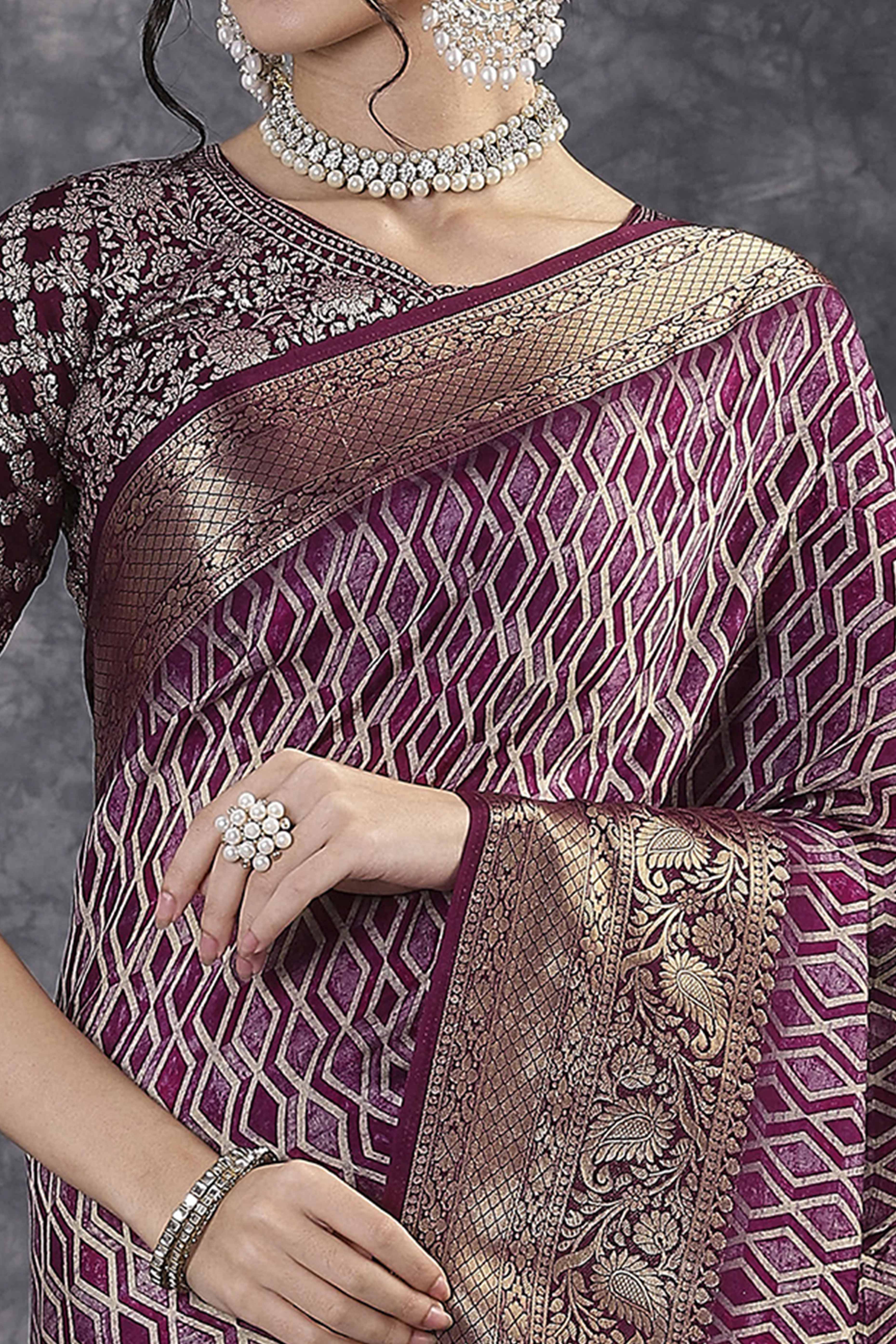 Wine Artistic Print Saree in Dola Silk with Woven Border