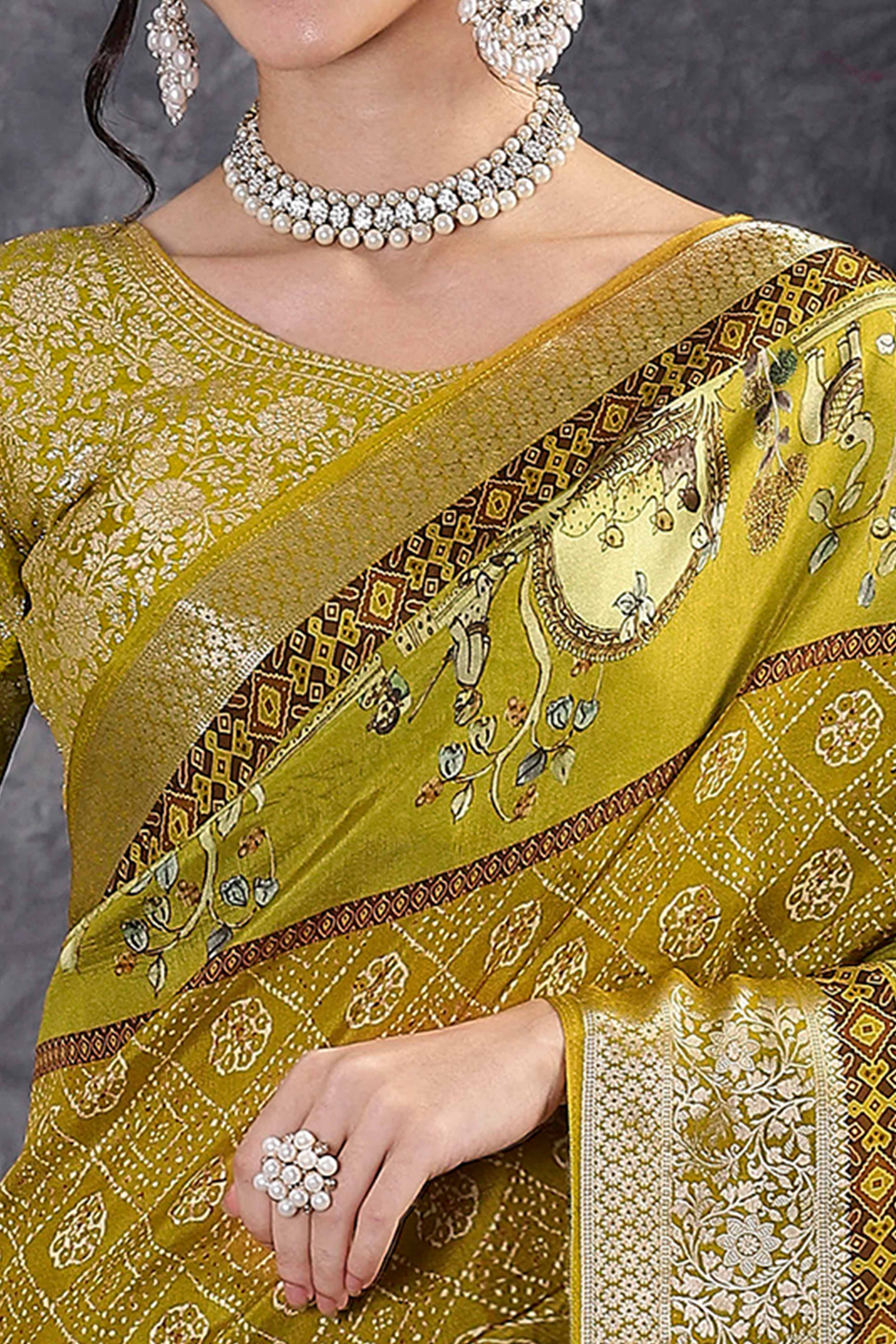 Green Artistic Print Saree in Dola Silk with Woven Border