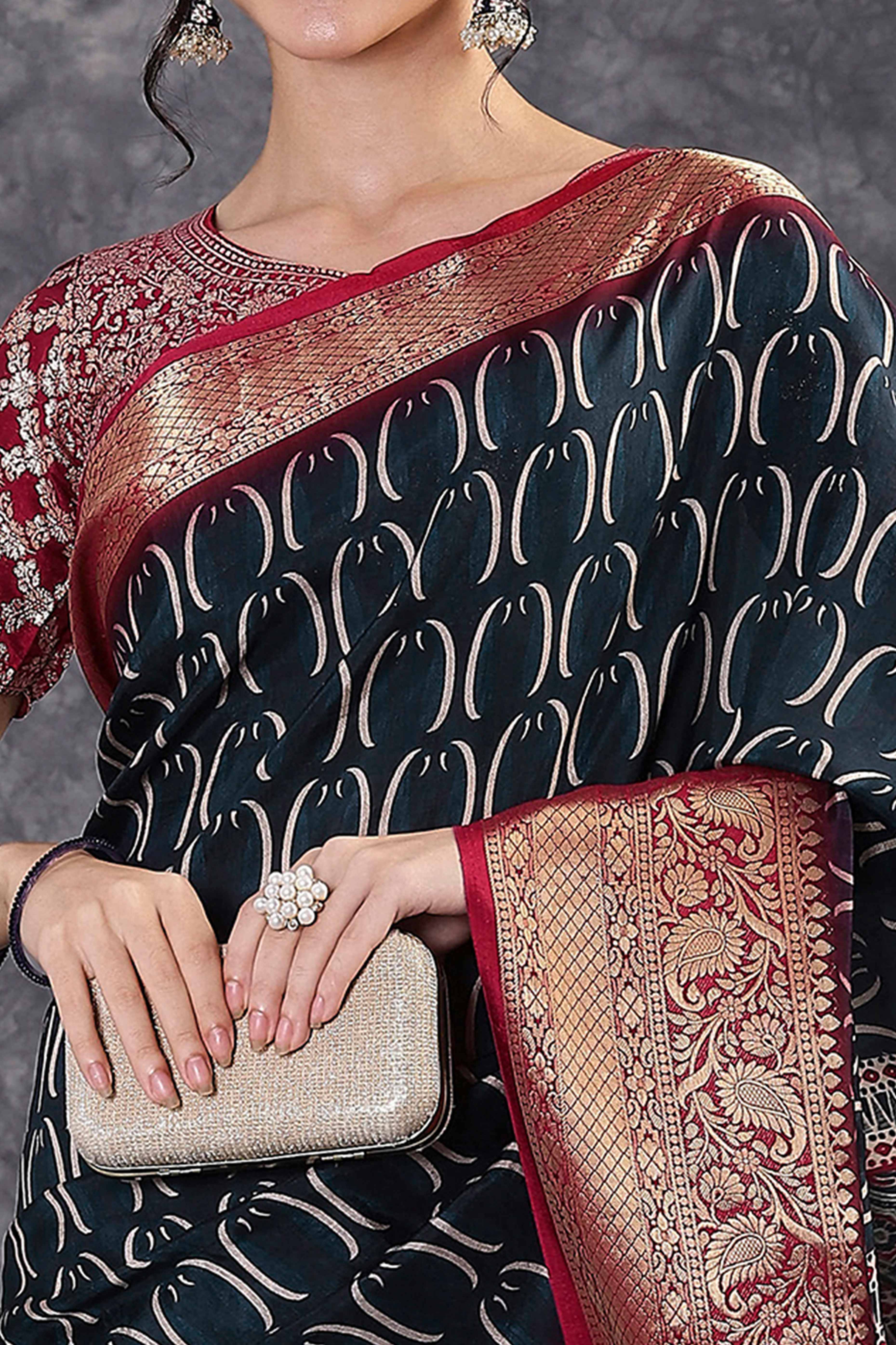 Black Artistic Print Saree in Dola Silk with Woven Border