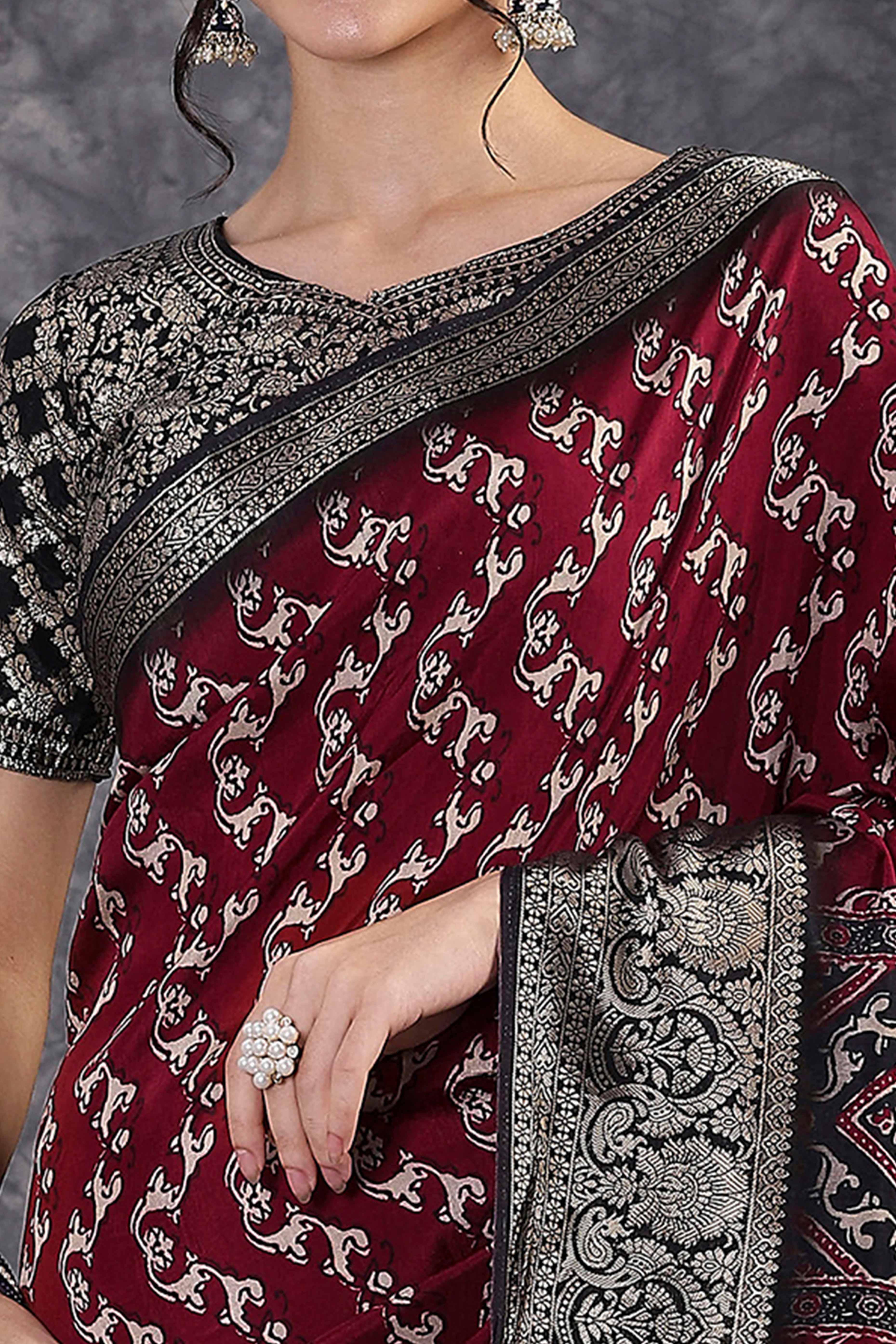 Maroon Dola Silk Saree Featuring Abstract Print & Jacquard Border