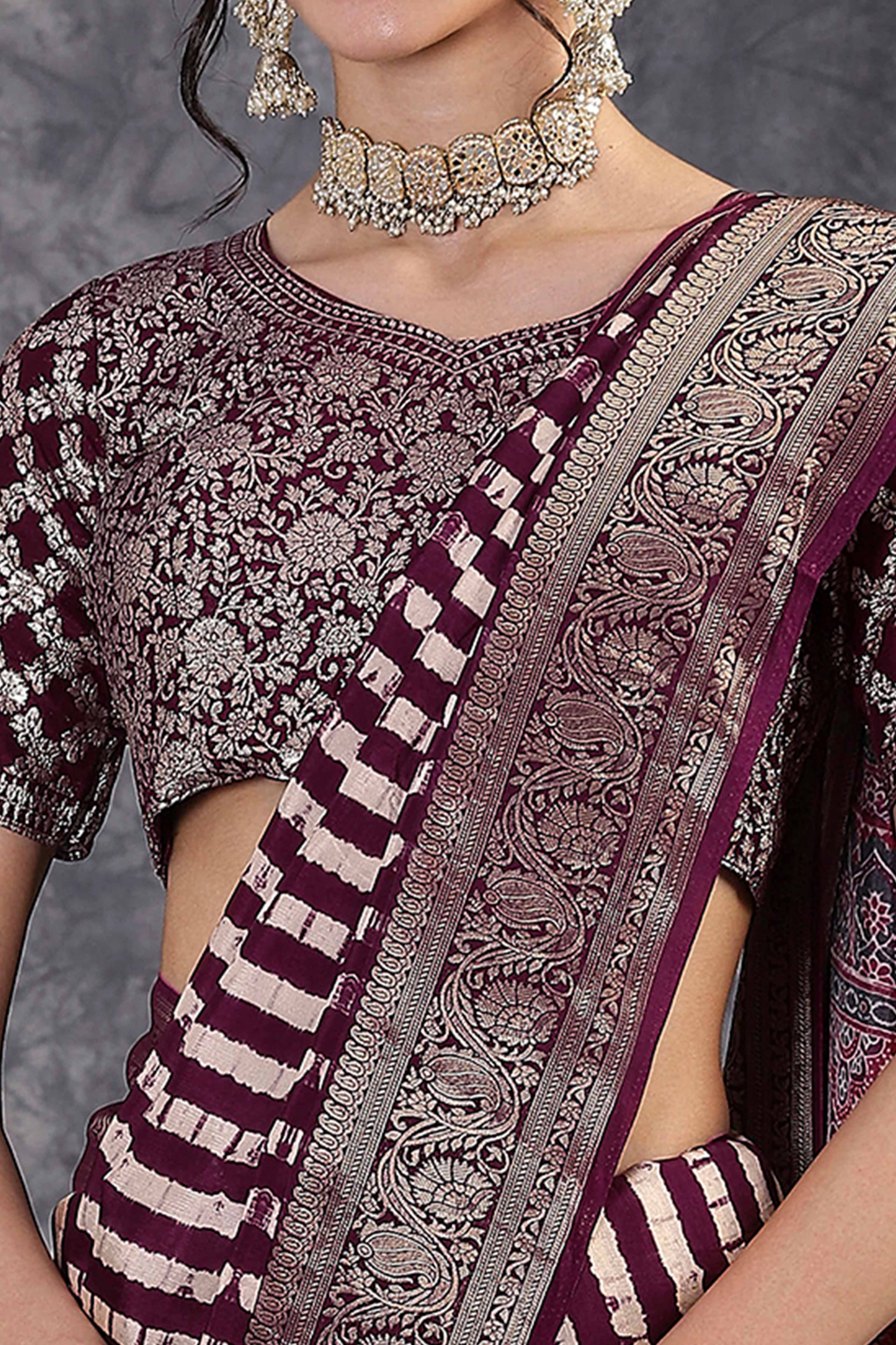 Wine Dola Silk Saree Featuring Abstract Print & Jacquard Border